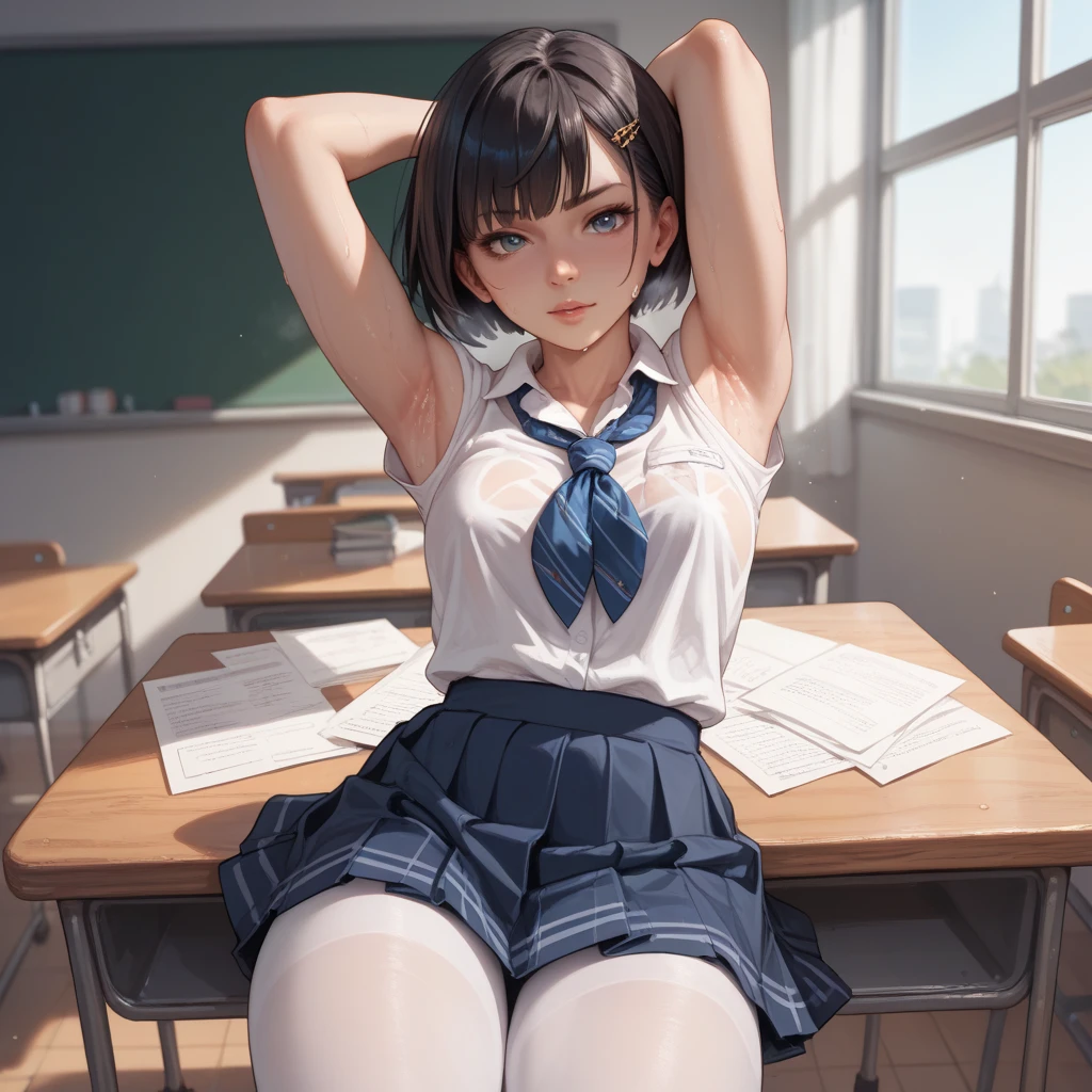 (best quality, highres, ultra-detailed), realistic, girl, blue eyes, tied brown hair, glasses, young, teacher uniform, flat breasts, shy and blushing face, classroom scene, full body, vivid colors, studio lighting