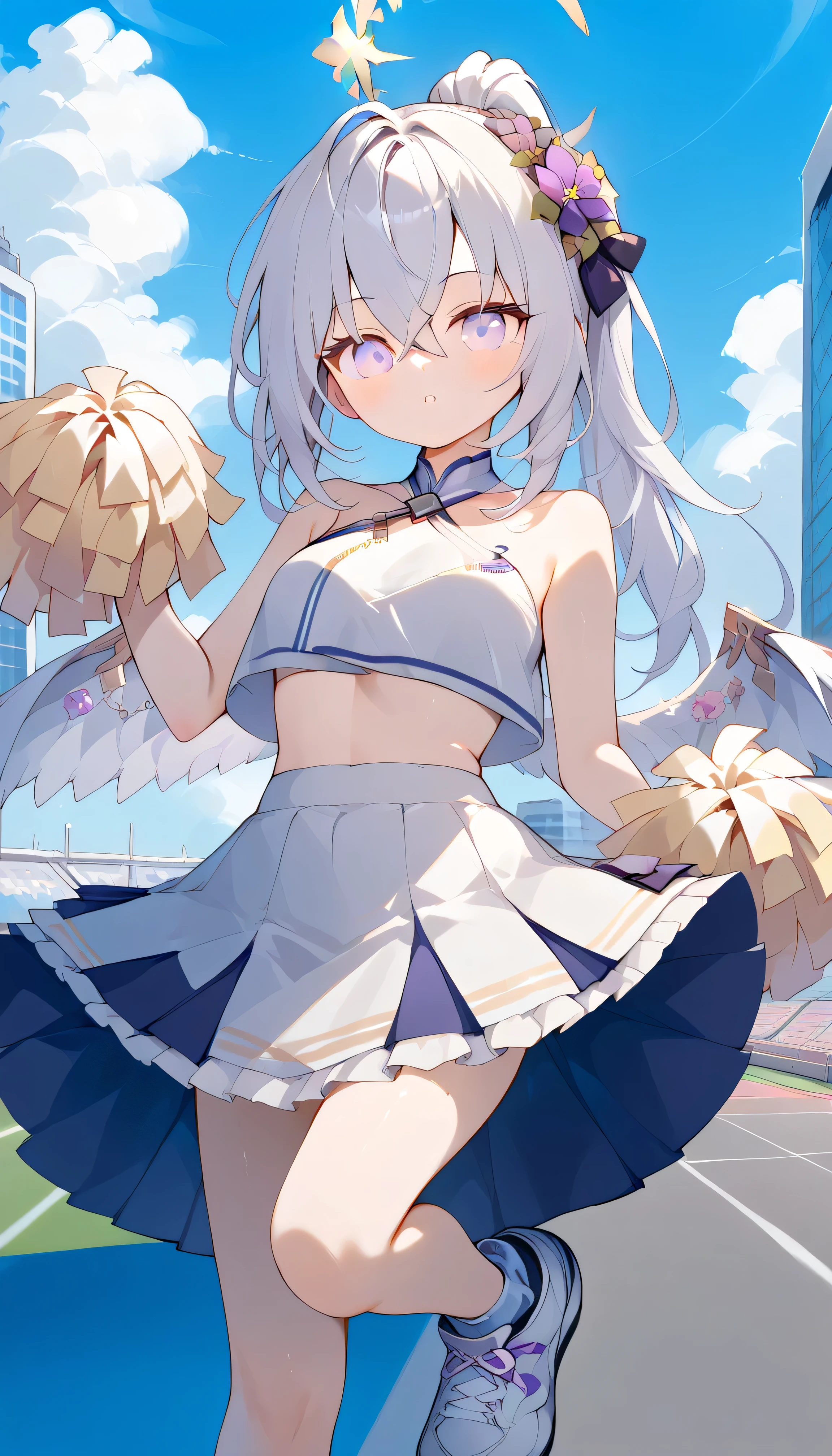 Azusa (blue archive),purple eyes,white hair,long hair,Wings,hair flower,halo, Alone, showing eyebrows from inside the hair , hair between their eyes, viewers, masterpiece, highest quality, cheerleader, detached collar, white crop top, two-tone crop top, midriff, Criss- Cross Halter, two-tone skirt, white skirt, miniskirt, pleated skirt, holding pom poms, pom pom (cheerleading), white sneakers Outdoors downtown City City
