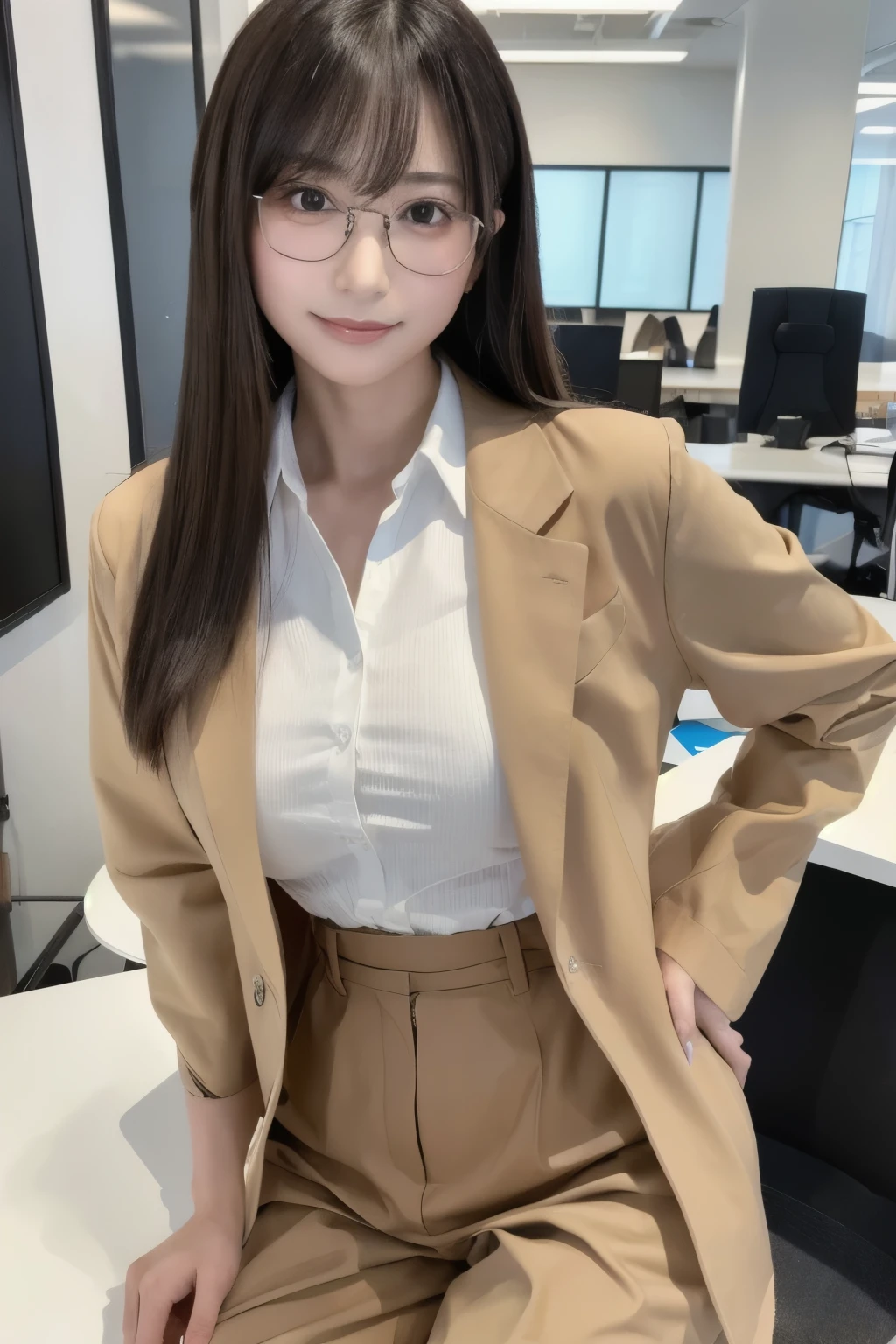 masterpiece,best quality, ultra highres,8k,16k,delicate photography, sharp line, sharp focus, (perfect anatomy:1.5), RAW photo, resolution,realistic,ultra detailed,sharp focus,RAW photo,白,蒼,黒,UHD,
BREAK,
25years old,beautiful Japanese girl,
beauty hair,brown hair,Long eyelashes and mascara,glasses,gal,gal makeup,large breasts,
A young Japanese woman in her 20s, dressed in a casual office fashion, standing in an office. She is wearing a jacket paired with wide-leg baggy pants, creating a stylish yet professional office casual look. The office environment is modern and well-lit, with desks, chairs, and computers in the background,Stiletto High Heels,
BREAK,
smile,Photo style,model pose,office,ID card,sagging breasts,
momo,1girl,gal.safetensors,komoshuai,