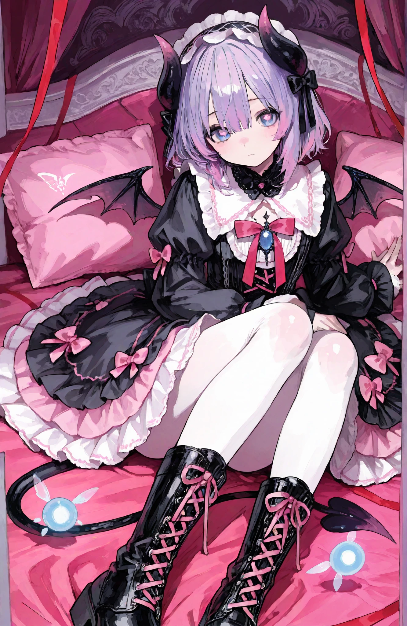 Anime girl in black and pink dress sitting on a bed - SeaArt AI