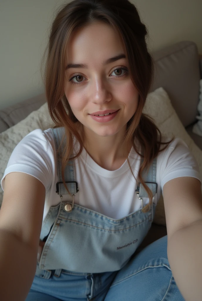 fille brune de 16 ans, qui a un visage très naturel, thin lips, t-Shirt, gros seins, yeux fins, Sourcils fins,long cils. selfie salle de bain