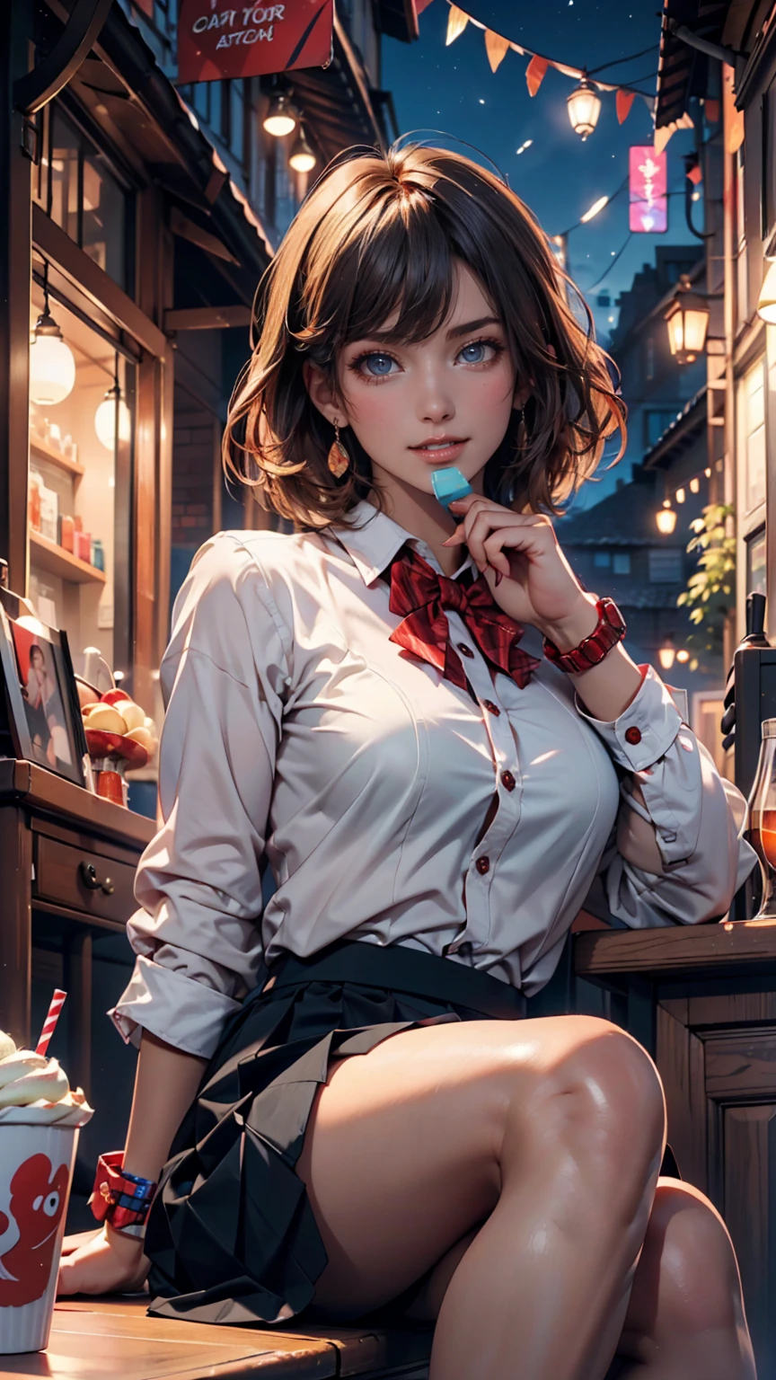 (8k, RAW Photos, highest quality, masterpiece:1.2), (Realistic, photo-Realistic:1.37), Very detailed, One girl, cute, alone, Beautifully detailed skies, night, Sitting, Date, (Red nose), (smile:1.1), (Mouth closed), Medium chest, Beautiful fine details, (Collared shirt:1.1), bow tie, Pleated skirt, (short hair:1.2), Floating Hair