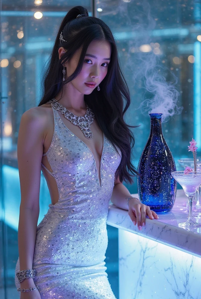 1 woman with black hair, blue colored eyes, realisitic, Megan fox, elegant white dress, travel in greece, glad, Selfie, the night, stripped pose, having a drink, high qualiy
