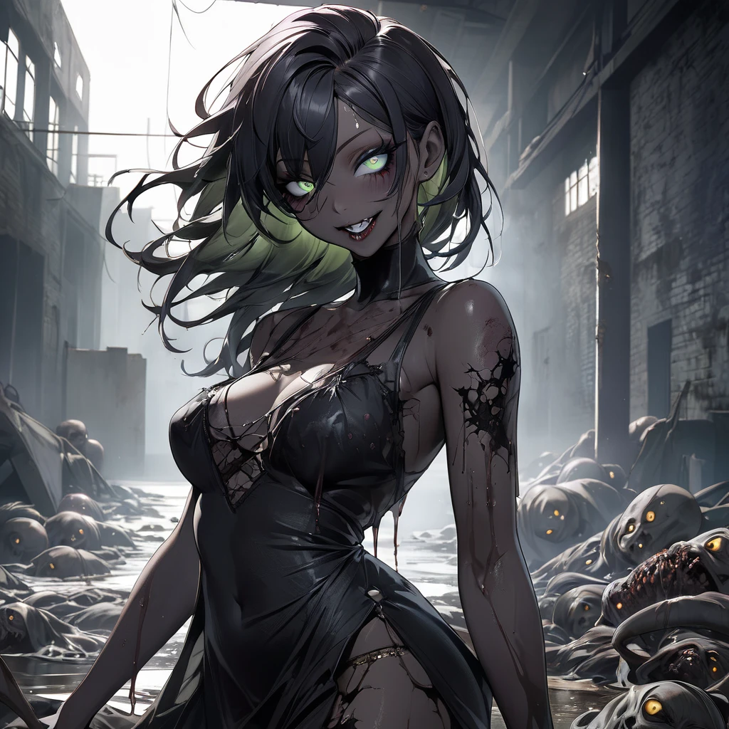 High resolution, masterpiece, high quality, Ghoul, torn skin, White, thin hair, Blue Denim Jeans, Attack, Looking Camera,Muddy, Back alley at night, Midnight, full moon, Dark atmosphere,Spooky lighting,Multiple zombies,Exhaustion