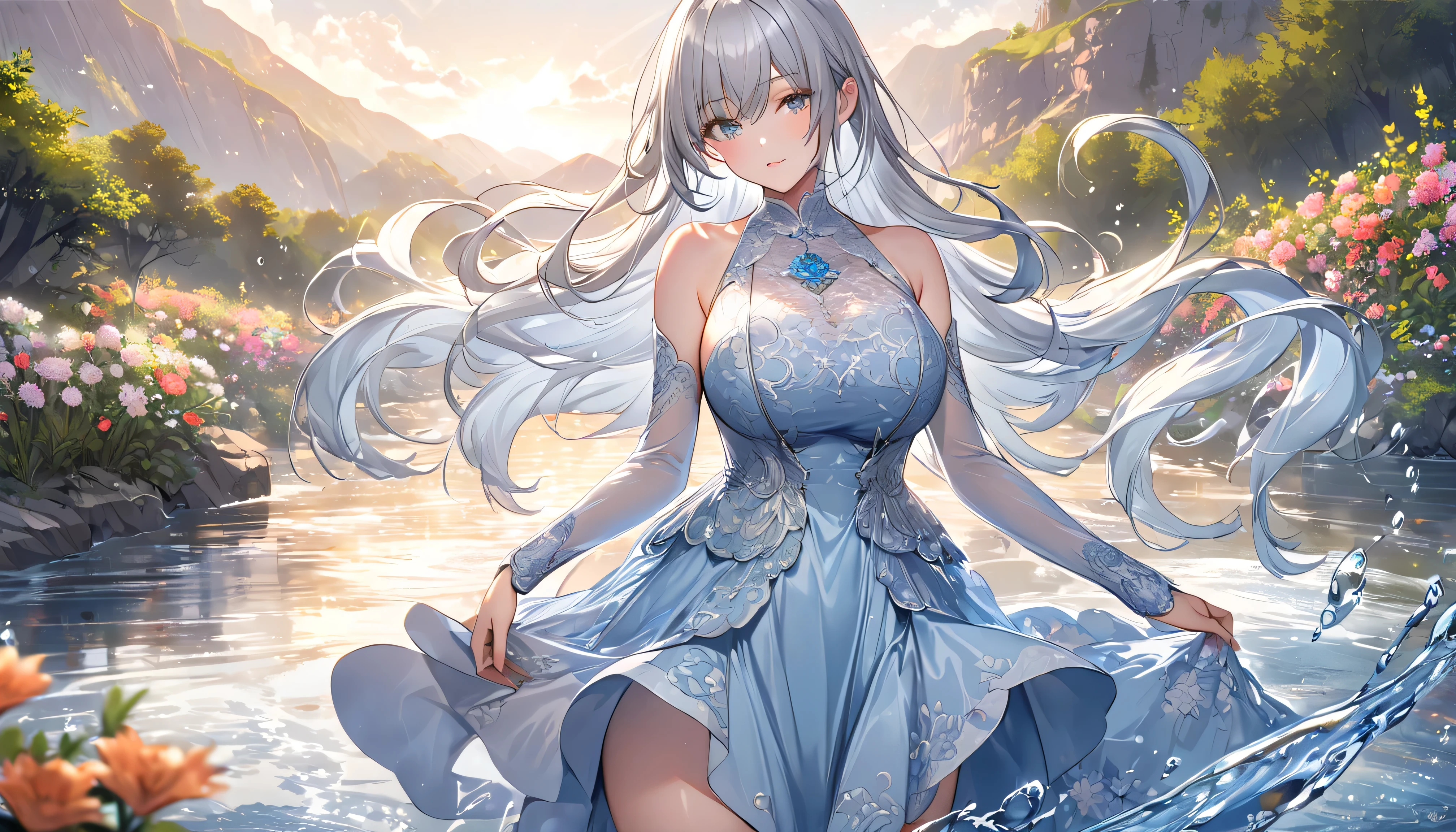 ((Half Body:1.1),(腰より上の上Half Body:1.2),( from the front ), (1 girl), (standing), ( silver hair:1.2),((Big Breasts:1.1))
The background is a riverside with lots of flowers blooming,sparkling flowing out with fantastic effects,Weather with light rain, creates a fantastic and magnificent atmosphere , A fantastic and romantic atmosphere,beautiful anime-style female characters, a beautiful girl with long silvery hair ,a scene holding a large bottle with a finely carved Aquarius motif, she also incorporates shiny metal and reflective effects ,wearing a gorgeous dress with lace and delicate embroidery, her hair wavy lightly like a stream of water, Legs grow slender and long ,masterpiece,highest quality, Insanely Detailed ,