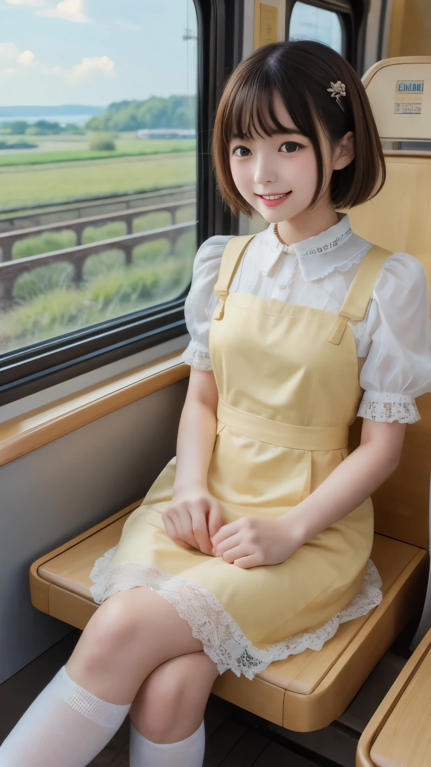 ((highest quality)), ((masterpiece)), realistic images、a Japanese girl、 realistic image of the eye area 、Petite、 ish expression、、10age、bob hair、 black hair、 Slim、 ish expression、Real Face、Petite、yellow ta fashion clothes、lace socks、Red Shoes、Two People Sit in the Limited Express Train Seats、Cross seat、sit in the seat in the direction of travel、Traveling、happy expression、Open Your Mouth and Laugh、Countryside Scenery Reflected in the Train Window、