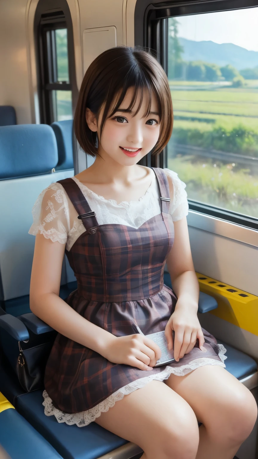 ((highest quality)), ((masterpiece)), realistic images、a Japanese girl、 realistic image of the eye area 、Petite、 ish expression、、10age、bob hair、 black hair、 Slim、 ish expression、Real Face、Petite、yellow ta fashion clothes、lace socks、Red Shoes、Two People Sit in the Limited Express Train Seats、Cross seat、sit in the seat in the direction of travel、Traveling、happy expression、Open Your Mouth and Laugh、Countryside Scenery Reflected in the Train Window、