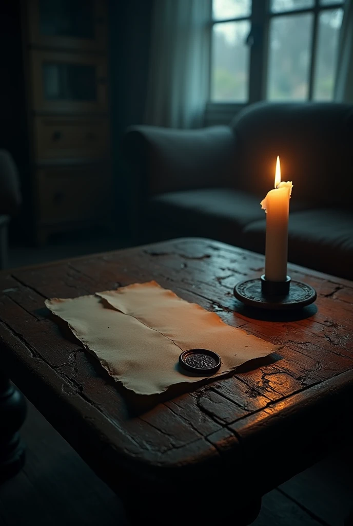 A dimly lit room with a single candle on a wooden table. The flame flickers, casting shadows on the walls. On the table, next to the candle, lies an old, weathered key, partially hidden under a piece of parchment. The key has intricate designs, and the parchment has a faded map sketched on it.