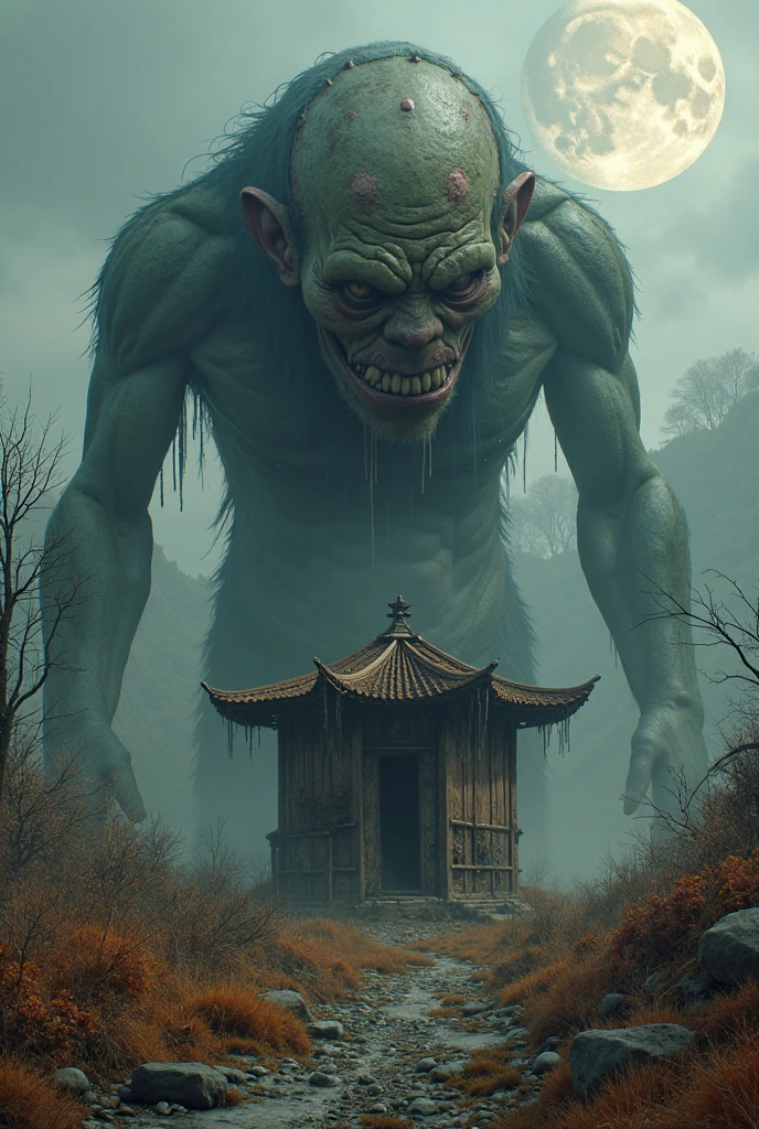 Top quality, masterpiece, huge goblin, sky background of old oriental small town, red monster, burning town, detailed image texture, creepy, horror, creepy atmosphere (not AI image), cloudy weather, low color image, creepy, image from a distance, delicate skin expression, wrinkled skin, wearing complex armor.