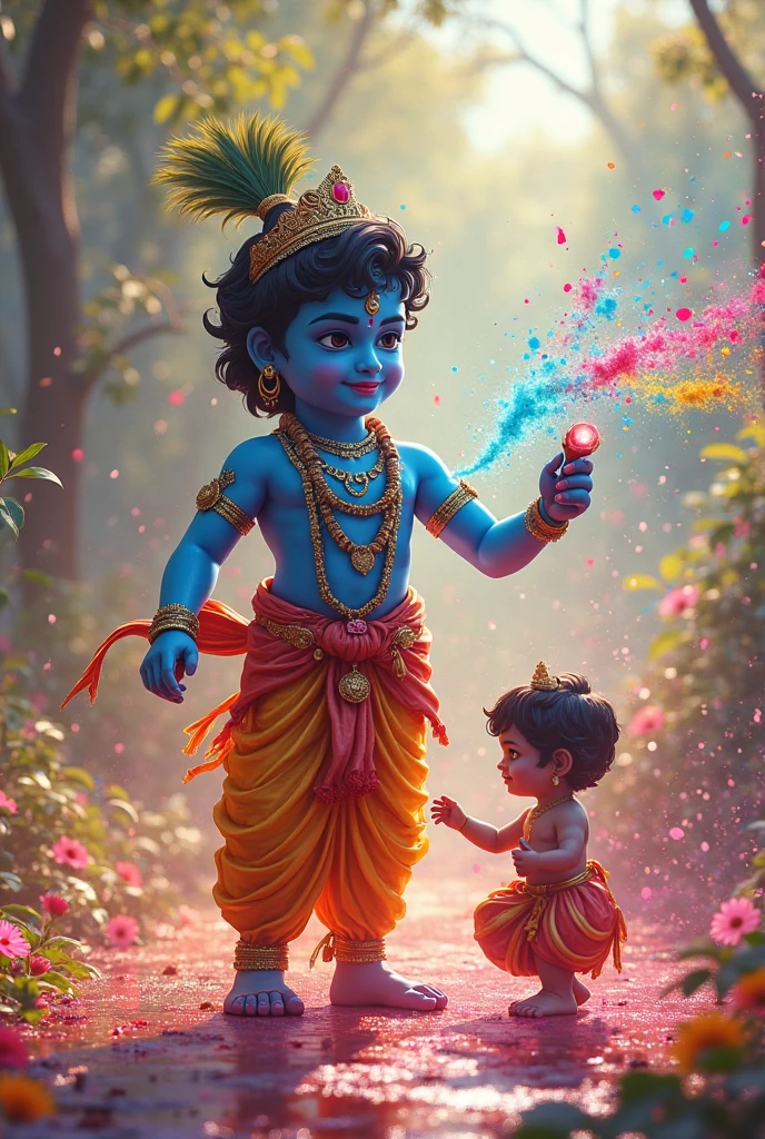 Stealing Butter (Makhan Chori): Young Lord Krishna, along with his cowherd friends, mischievously stealing butter from a hanging pot. His face is lit with a playful smile and a mischievous glint in his eyes.Defeating Kaliya Naag: Lord Krishna dancing on the multiple hoods of the venomous serpent Kaliya in the waters of the Yamuna River, with water bubbles rising around and fumes emanating from Kaliya’s heads.Lifting Govardhan Hill: Lord Krishna lifting the massive Govardhan Hill on his little finger, providing shelter to the villagers of Gokul beneath, while thunderous clouds sent by Indra loom ominously above.Raasleela (Divine Dance): A beautiful night in the groves of Vrindavan where Lord Krishna is dancing with the Gopis (cowherd maidens) in a divine circular dance, surrounded by the music and joy of the moment.