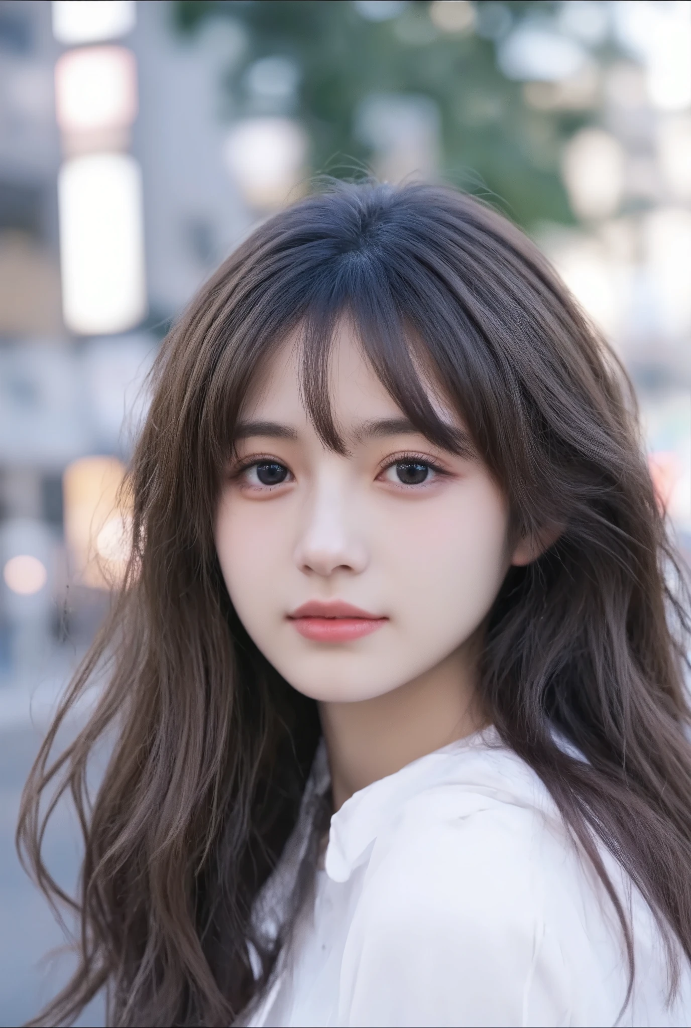 （ masterpiece, highest quality :1.2),  1 female, Around town,white shirt，cute face ，Baby Face，Japanese woman，long hair， her hair is wavy，high school girl，Cinematic Lighting , focusing on her face ,background blur, Amazing Vibes，Asian Face，beauties， beauty