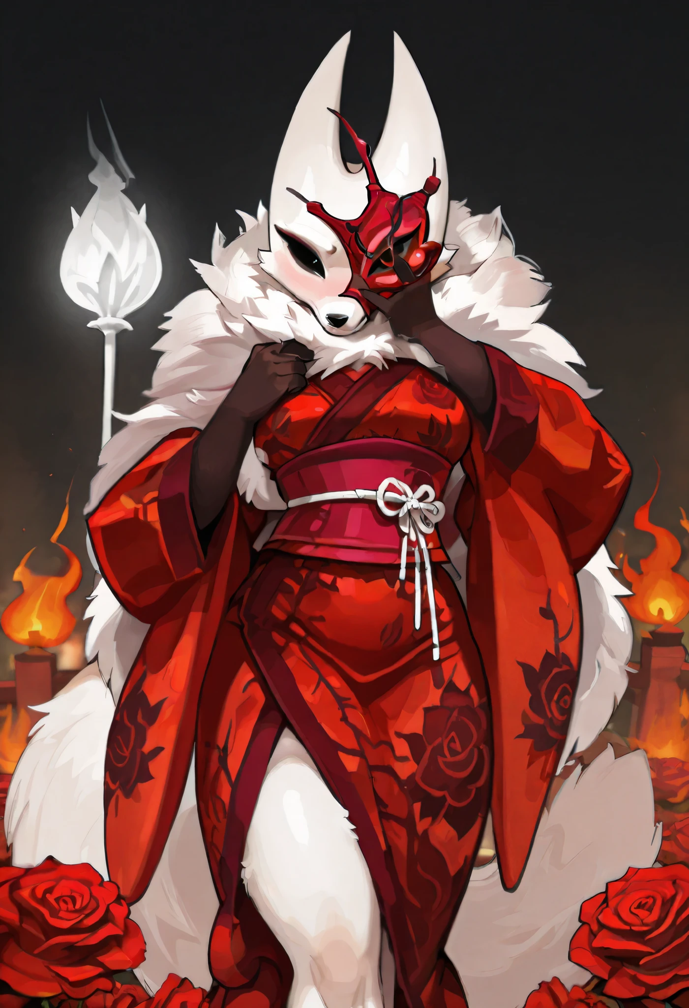 masterpiece, best quality, ultra-detailed, best illustration, solo, 1girl, dynamic pose, furry, anthro, fox, white fox, fur, BigBig, furry, animal ears, animal tail, white fur, body fur, glowing gradient carmesin, roses, flame roses, flames, robe, red kimono, rose kimono, hornet_hollow_knight, white simple mask, mask in face, rose details, rose in mask, oriental