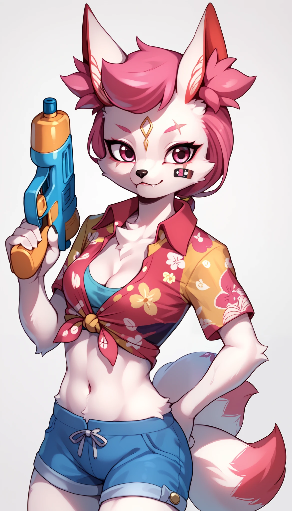 Score_9, score_8_up, score_7_up, solo, kemono style,Anthro, Anthro furry fox girl, 1girl, Kimikoxl, anthro, fox girl, white fur, pink hair, animal ears, animal nose, pink eyes, face markings, eye scar, bandaid on face, short ponytail, multiple tails, 5 tails, standing, small breasts, gorgeous body, skinny, countershading, glistering body, ((pink hawaiian shirt, short sleeves, collared shirt, tied shirt, midriff, cleavage, blue shorts)), :3, holding a water gun,