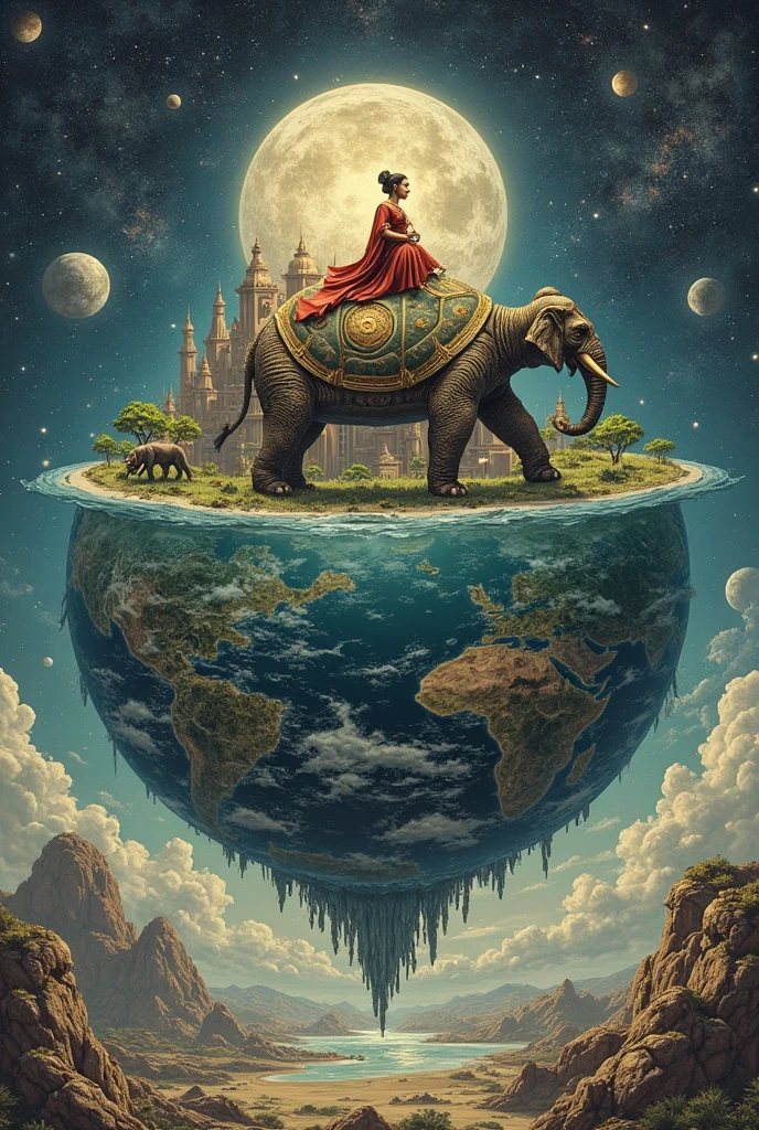 ((highest quality)), ((masterpiece)), (details),Turtle Snake Space Map、Ancient Indian view of space、４An elephant on the earth
underpins、４An elephant rides a big turtle、There is a mountain in the center of the earth、 Future City、Floating Earth