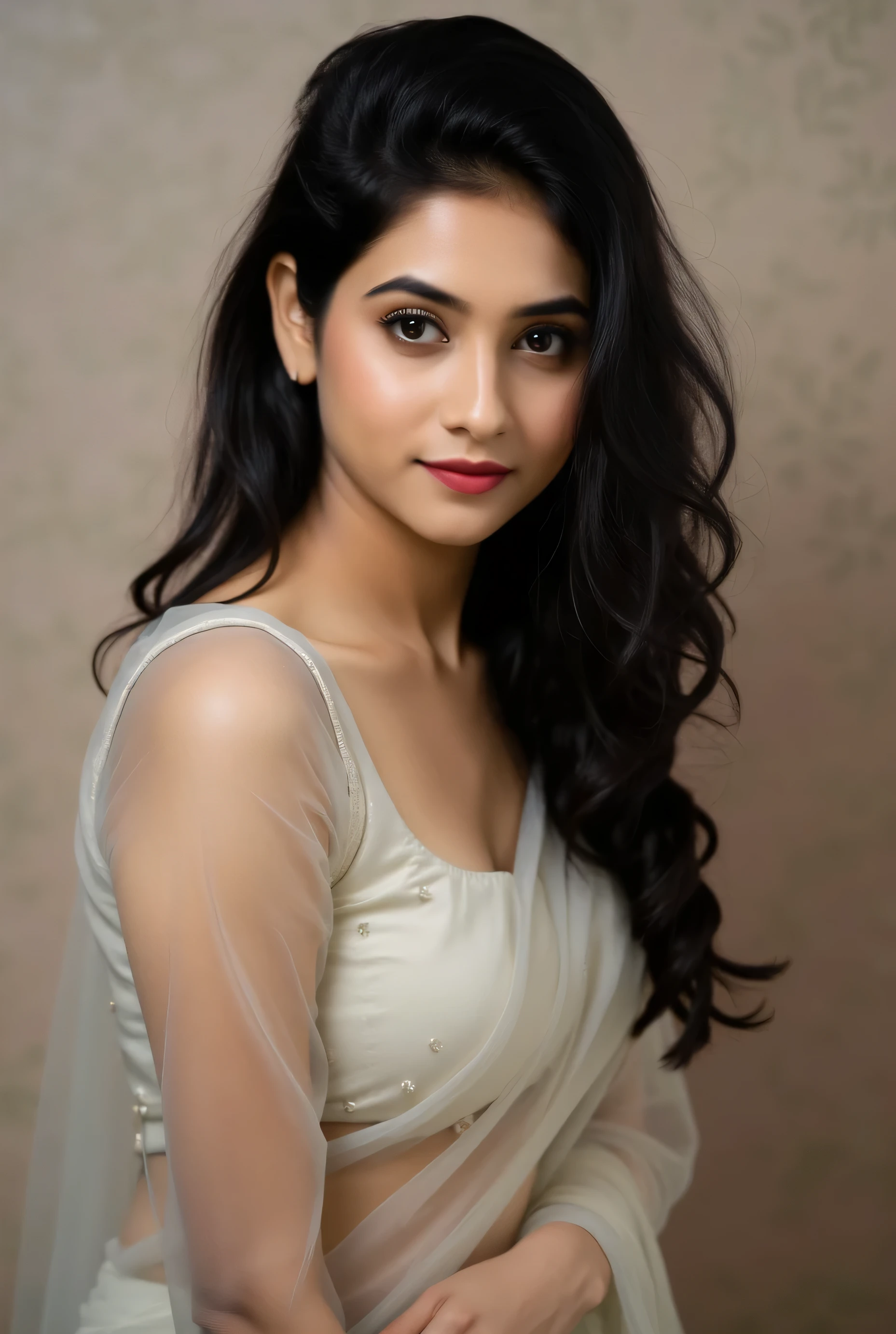 Indian girl in transparent Saree. Showing  and clevage.