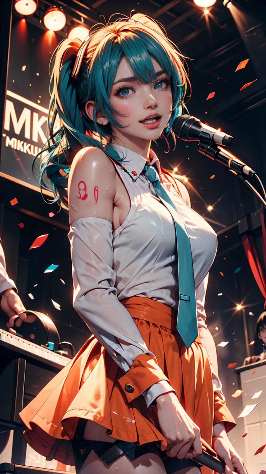 {{{Masterpiece}}}, {{{Best quality}}}, {{Ultra-detailed}}, {illustration}, {{An extremely delicate and beautiful}},(nsf), (Best quality, 8K, 32K, Masterpiece, hyper HD:1.2),Beautiful photo of Japanese idol girl, Top quality, Best quality, Realistic, Unity, 8K wallpaper, offcial art, extremelydetailedwallpaper,(1girll:1.5),(Smile:1.5),(Idol costume),(Sweaty skin:1.3),17yo,child,Black eyes,(Be in the spotlight:1.1),(Standing microphone:1.9),(Sing:1.7),(Very short Bob hair:1.3),(Green hair:1.3),Earrings,view the viewer,(highdetailskin),Realistic body,(Small breasts:1.4),Cute girl,No makeup, famous japanese idol,(standing),(low view:1.2),(Lift shirts:1.4),(lift skirts:1.2),(showing panties:1.2),(bike shorts:1.2),(No bra:1.3),(Race panties:1.3),(love juice:1.7),(view the viewer:1.1),(Idle phase :1.5),(A lot of customers:1.5