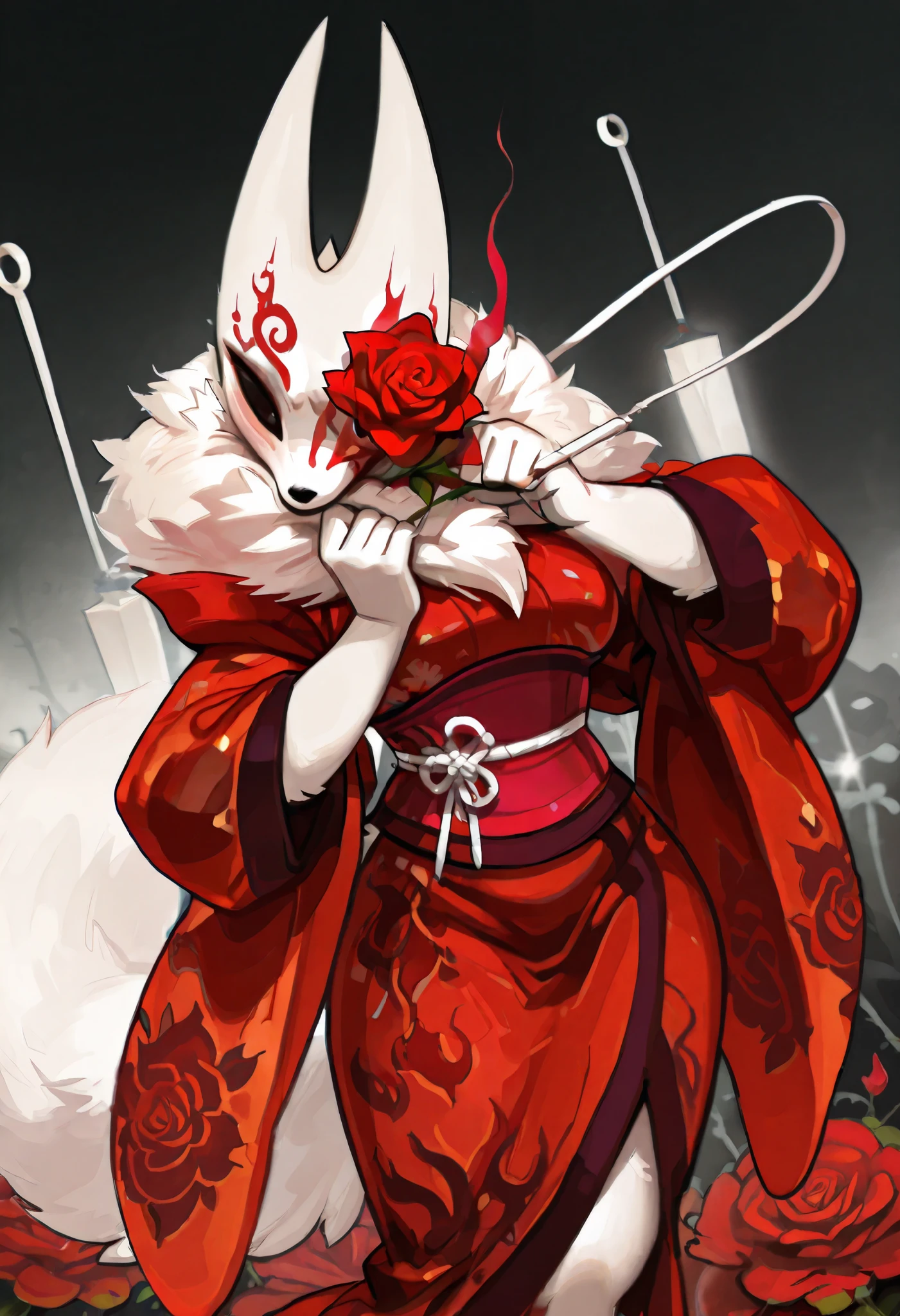 masterpiece, best quality, ultra-detailed, best illustration, solo, 1girl, dynamic pose, furry, anthro, fox, white fox, fur, BigBig, furry, animal ears, animal tail, white fur, body fur, glowing gradient carmesin, roses, flame roses, flames, robe, red kimono, rose kimono, hornet_hollow_knight, white simple mask, mask in face, rose details, rose in mask, oriental