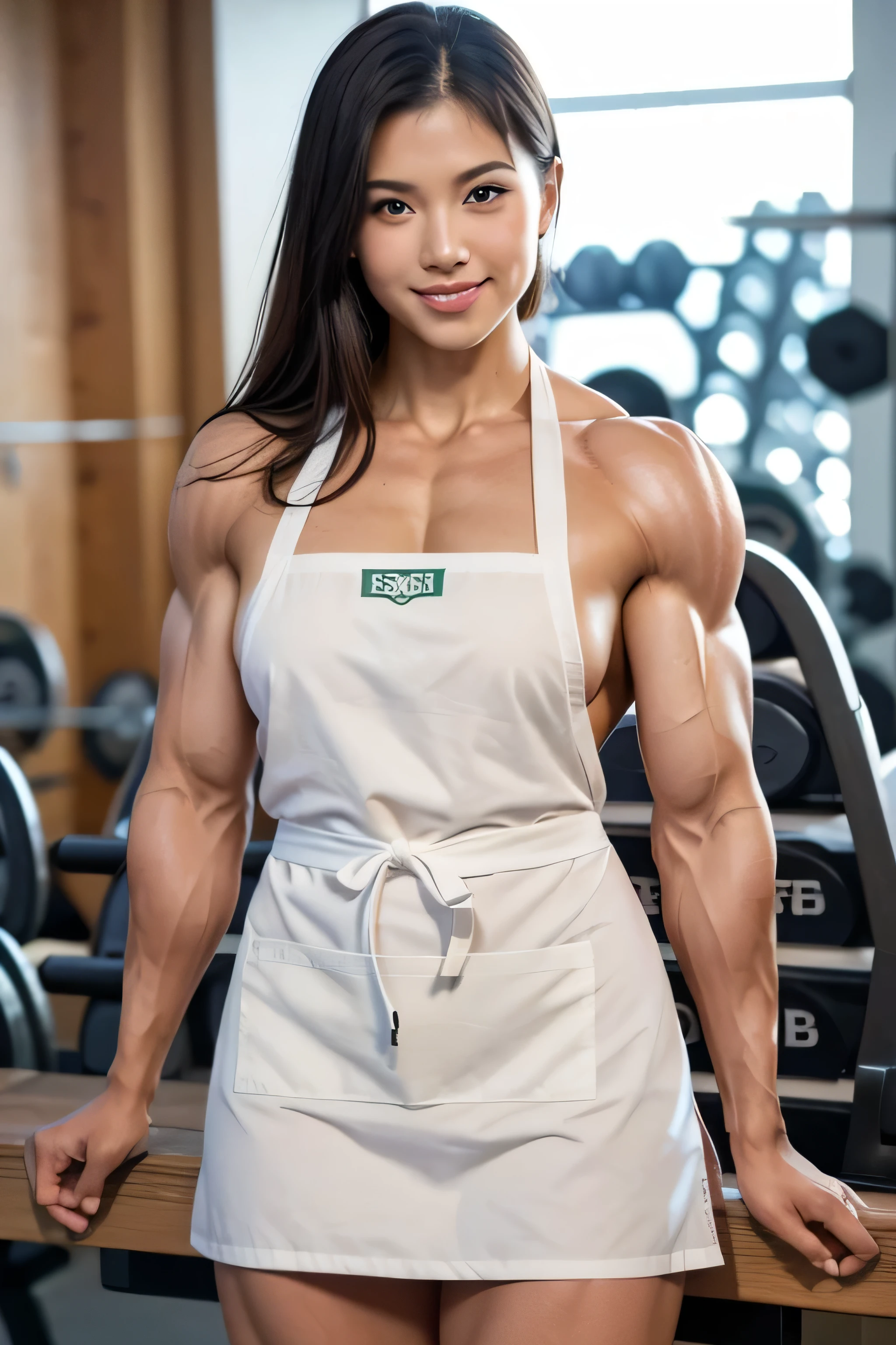  Best Quality, Ultra High Resolution, Photoshoot, (Photorealistic:1.4),Top quality, 1 girl, 20, (cute),(( Bodybuilding, Medium-sized muscles, Muscle, Fine Skin:1.5)), ((Starbucks green apron,naked,naked apron,Sideboob)),  smile,show whole body,nsfw,Light brown hair,White see-through panties,pose partially visible vulva,blue eyes,large breasts,