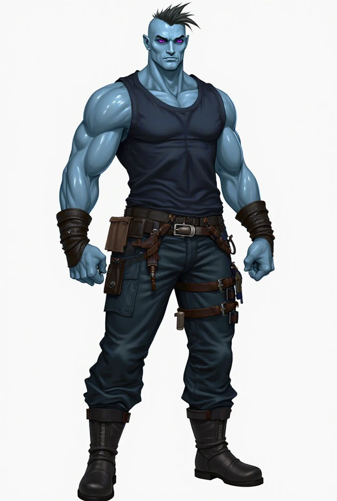 Create a 2 meter tall human male with grayish skin and blue markings on his arm, He is shirtless and wearing brown leather pants and dark green boots, her eyes are red.
anime styling!!!