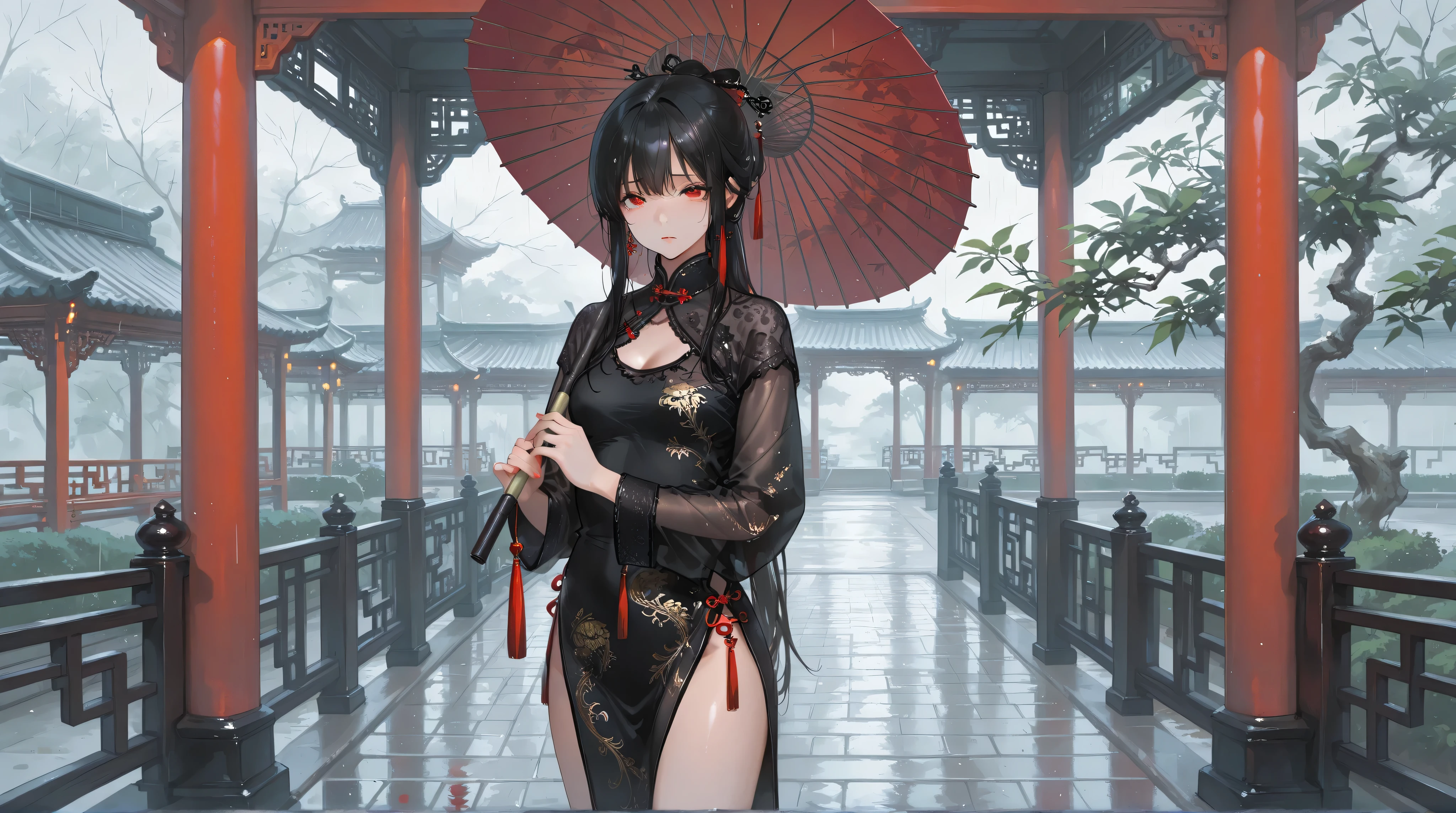Rainy Day, A Chinese woman with a sad expression, Wearing black embroidered cheongsam, Holding an oil-paper umbrella, Standing in a Chinese garden, masterpiece, high quality, high res, anatomically correct, 8k
