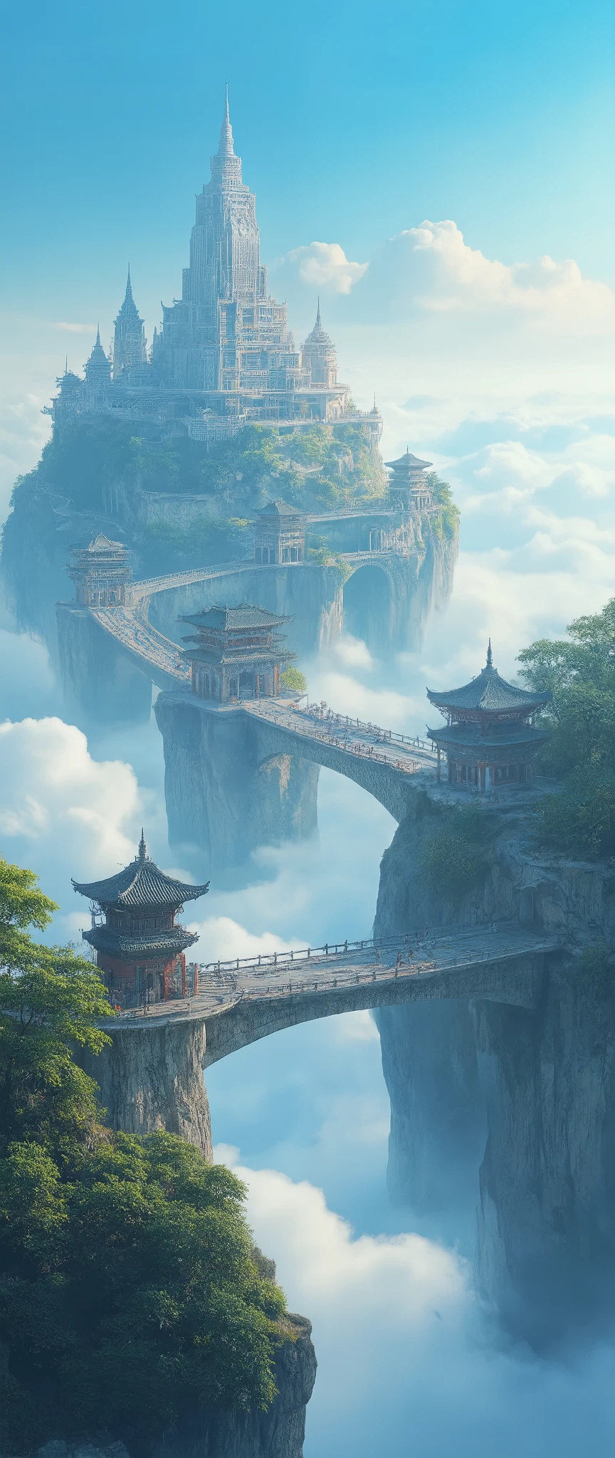 The、an Asian city with a bridge over clouds close to space、Lost City Pictures、picturesque background、Digital image of a temple、 looking up from below、The high resolution background is an ancient castle、A dreamy city above the clouds、Highly detailed digital images、 highly detailed digital painting、Detailed Scenery、A city in the sky above the blue sky。