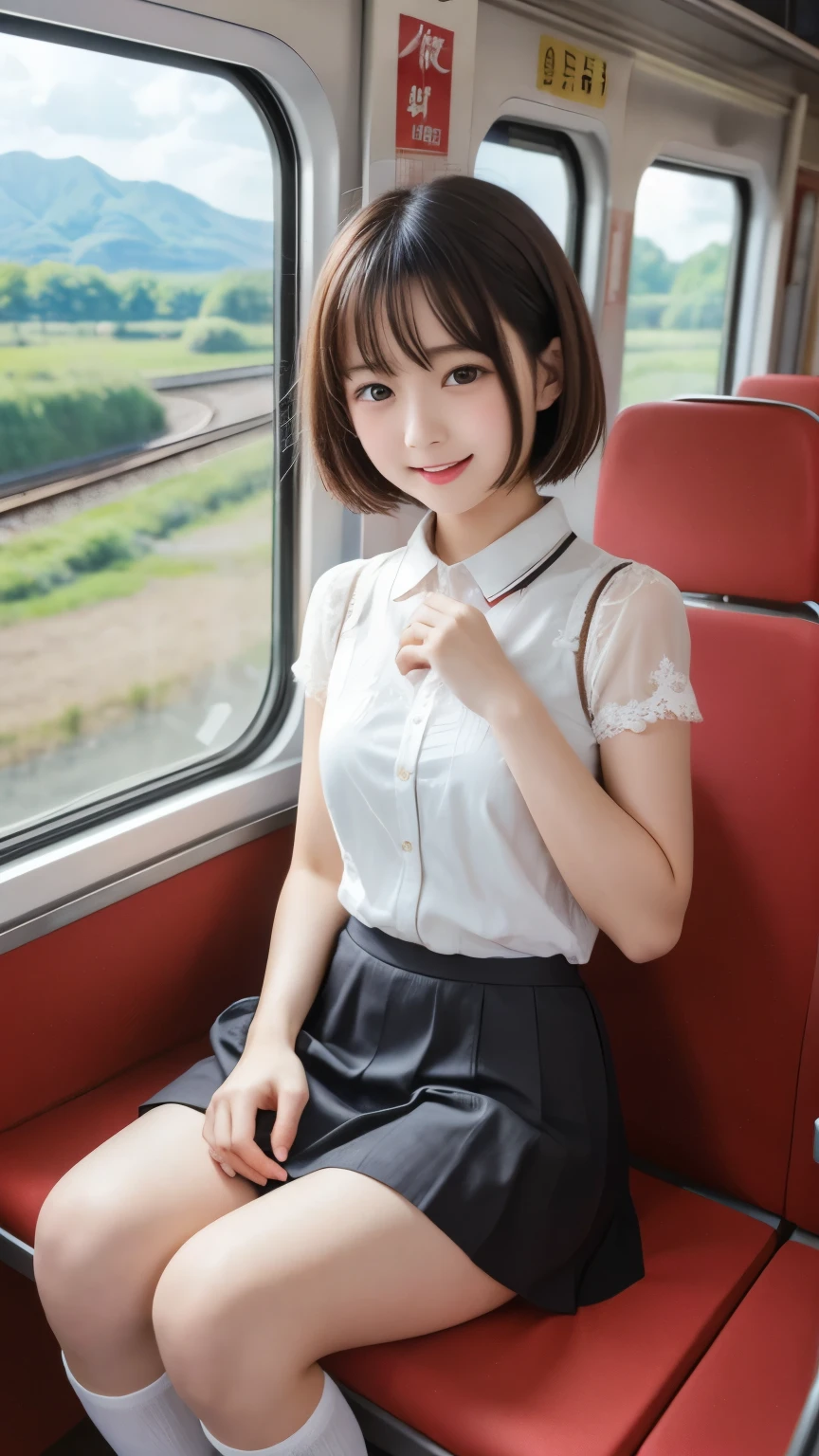 ((highest quality)), ((masterpiece)), realistic images、a Japanese girl、 realistic image of the eye area 、Petite、 ish expression、、１０age、bob hair、 black hair、 Slim、 ish expression、Real Face、Petite、ta fashion clothes、short skirts、lace socks、Red Shoes、Two People Sit in the Limited Express Train Seats、sitting facing the direction of travel、panties visible on red cloth、Eating ekiben、sit in the seat in the direction of travel、Traveling、happy expression、Open Your Mouth and Laugh、Countryside Scenery Reflected in the Train Window、
