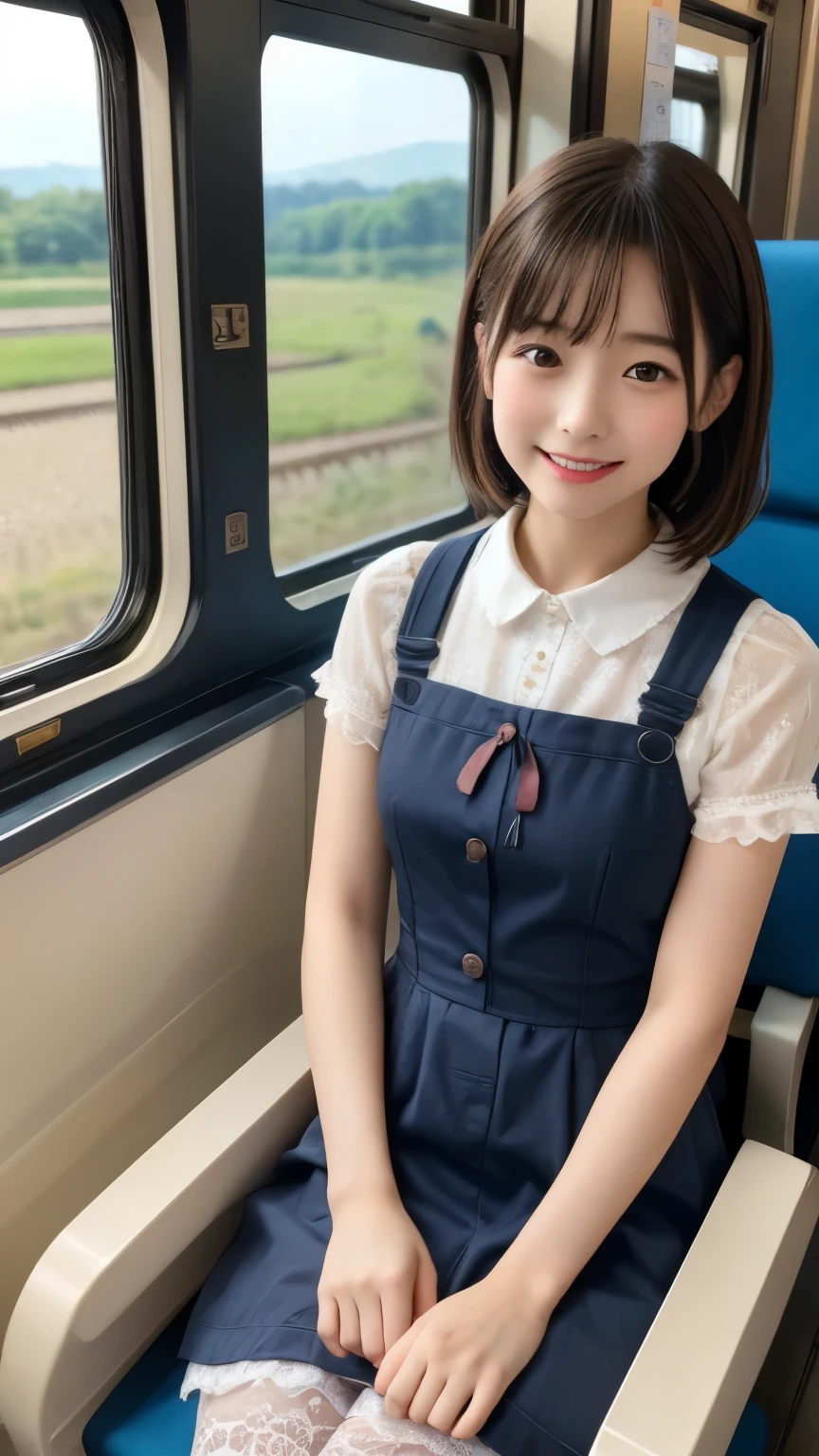 ((highest quality)), ((masterpiece)), realistic images、a Japanese girl、 realistic image of the eye area 、Petite、 ish expression、、10age、bob hair、 black hair、 Slim、 ish expression、Real Face、Petite、yellow ta fashion clothes、lace socks、Red Shoes、Two People Sit in the Limited Express Train Seats、Cross seat、sit in the seat in the direction of travel、Traveling、happy expression、Open Your Mouth and Laugh、Countryside Scenery Reflected in the Train Window、