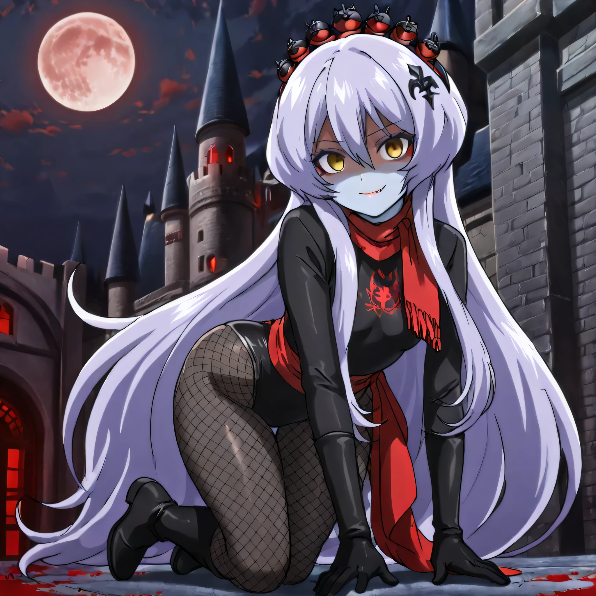 (((Masterpiece))), (((Best Quality))), ((Super Detail)), ultra-High resolution, score_9,score_8_up,score_7_up,score_6_up,score_5_up,score_4_up, BREAK, source_anime, anime screencap, uncensored, rating_explicit, Masterpiece, curvy, dark persona, empty eyes, expressionless, blank eyes, looking at viewer, full body, emotionless, Fighting Stance, (((female combatmen, colored skin, makeup, shaded face, red shaded face, red make up))), pantyhose, black pantyhose, fishnets, fishnet pantyhose, leotard, black leotard, gloves, black gloves, long sleeves, scarf, red scarf, sash, red sash, black boots, (((solo, 1girl))), hair ornament, submissive pose, seductive pose, Princessteltina, small breast, long hair, yellow eyes, very long hair, hair between eyes, teltina-default, light purple hair, sidelocks, all fours, crawl, crawling, fang, castle background, smile, naughty smile, night, moon, medieval fantasy city, wolf, wolf background, blood splatter