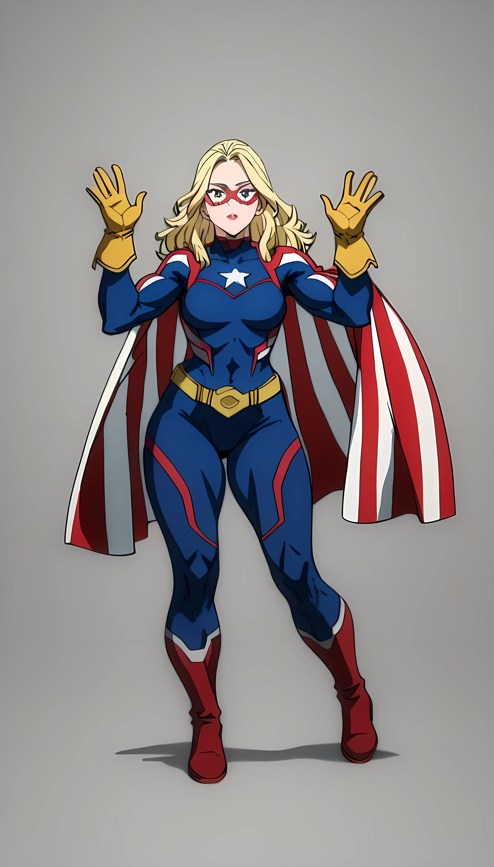 (High Quality), Femlander, 1girl, solo, long hair, blue eyes, blonde hair, lipstick, muscular, superhero, bodysuit, red cape, gloves, belt, boots, (navy blue skin-tight hero suit with red lines), (American Flag Cape), (Hero Suit with Cape), (Tight Fit Hero Suit), (Golden gloves and boots), (gold belt with a U logo on the buckle), (medium breasts), (wide calves), (wide hips), (wide thighs), (slender waist), Abs, (perfect anatomy), (perfect hands), (super detailed), (simple background) ((Perfect face)), (Red domino mask with white eyes), (Red domino mask), ((eyewear)), (looking at viewer), (full body photo:1.5),