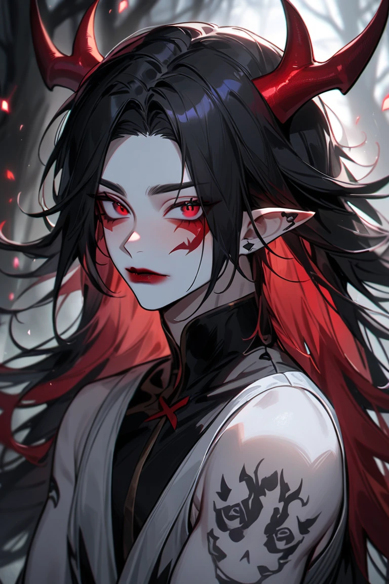 (masterpiece, best quality:1.2),bloody, beautiful face,(Gray\green skin),mermaid, highly detailed, {best quality}, {{depth of field}}, illustration, solo, sharp focus, {{character {1 boy }}, (black straight hair:1.6),(hair is straight and loose), beautiful detailed eyes, sharp teeth, {looking at viewer},{masterpiece illustration},full body, normal angle,horror art, creepy, beautiful form of chaos, elegant, dull colors, romanticism,an evil mermaid siren, maniacal smile, atmospheric, death, decay, horror art, blood,