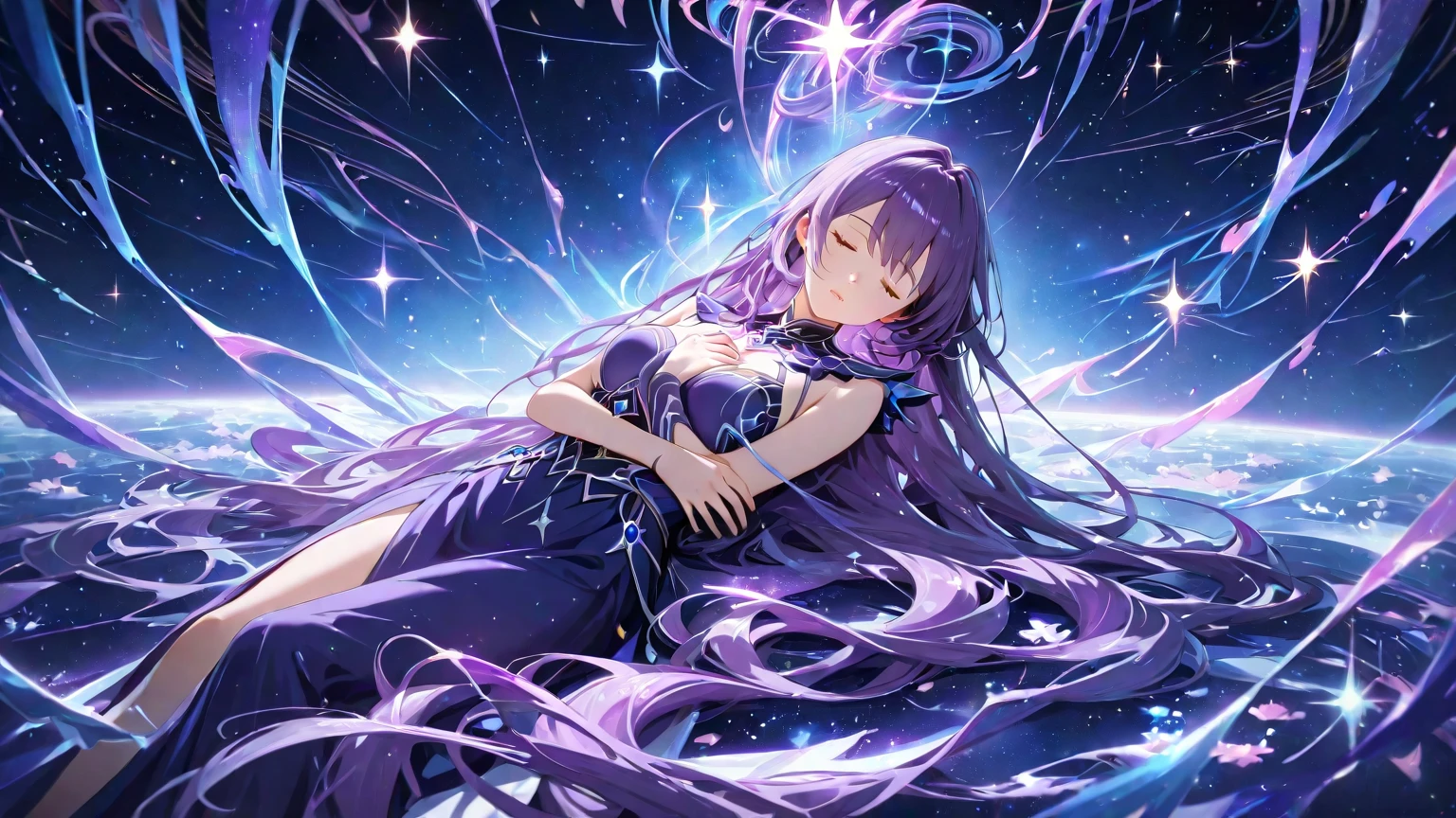 absurdity, high definition, (official art, beauty and aesthetics: 1.2),
1 girl, purple hair, middle hair, purple crystal eyes, shiny eyes,
purple sky, glittering galaxies, (Uyuni salt marsh: 1.2),
(Surrealism: 1.15), (fractal art: 0.3),
Water effect, ripple effect, (flower effect: 0.65), light effect, 8K wallpaper,