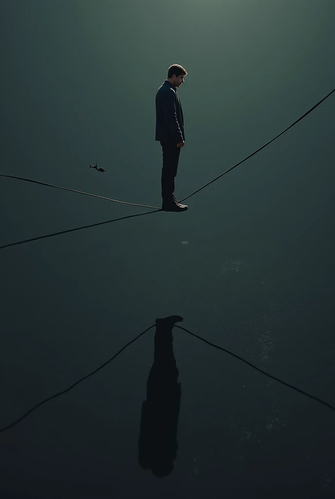 A man stands on a thread very balanced, but his shadow falls on the ground. The image is visible from above. The man is far away and the darkness is everywhere