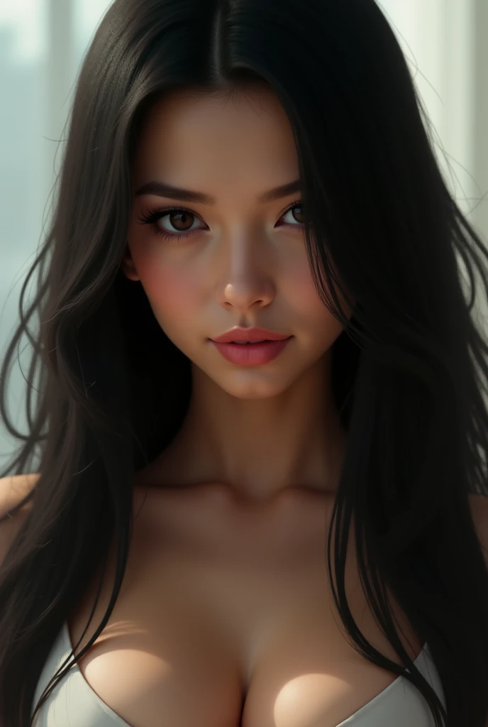 1girl, black hair, solo focus, brown eyes, collarbone, open mouth, pated lips, BIG breasts, lips, long hair, short sleeves, looking away, round breasts, moaning, nose, 32k, realistic, shirt, solo, upper body, high quality, (Masterpiece, Best Quality, Photorealistic: 1.3), frontal