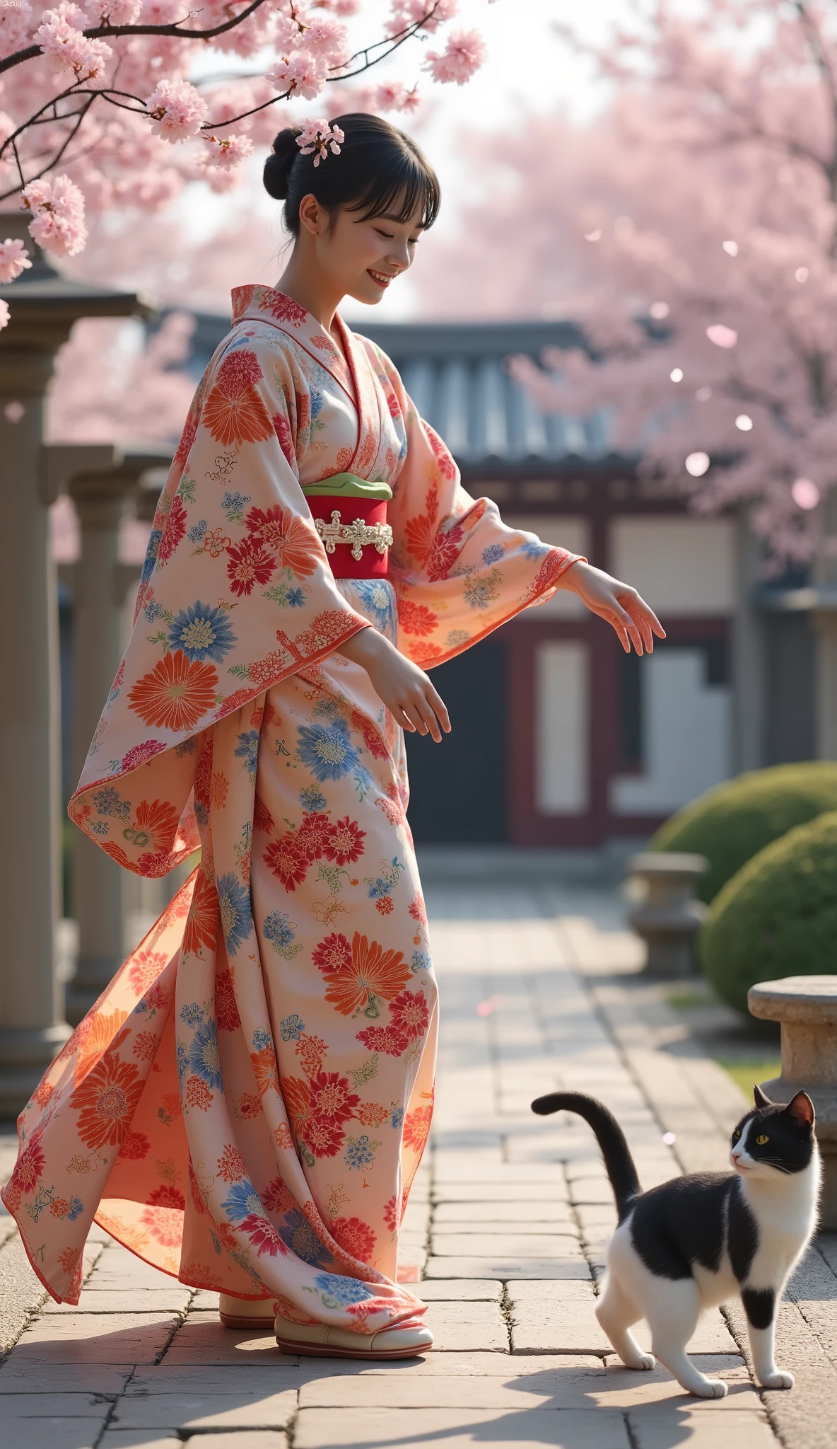 Photorealistic Images。A woman dressed in traditional Japanese clothes、is playing with cats in an ancient city garden where cherry blossom petals dance。has an old-fashioned tea room in the background、has stone lanterns arranged。soft light during the day illuminates the scene。