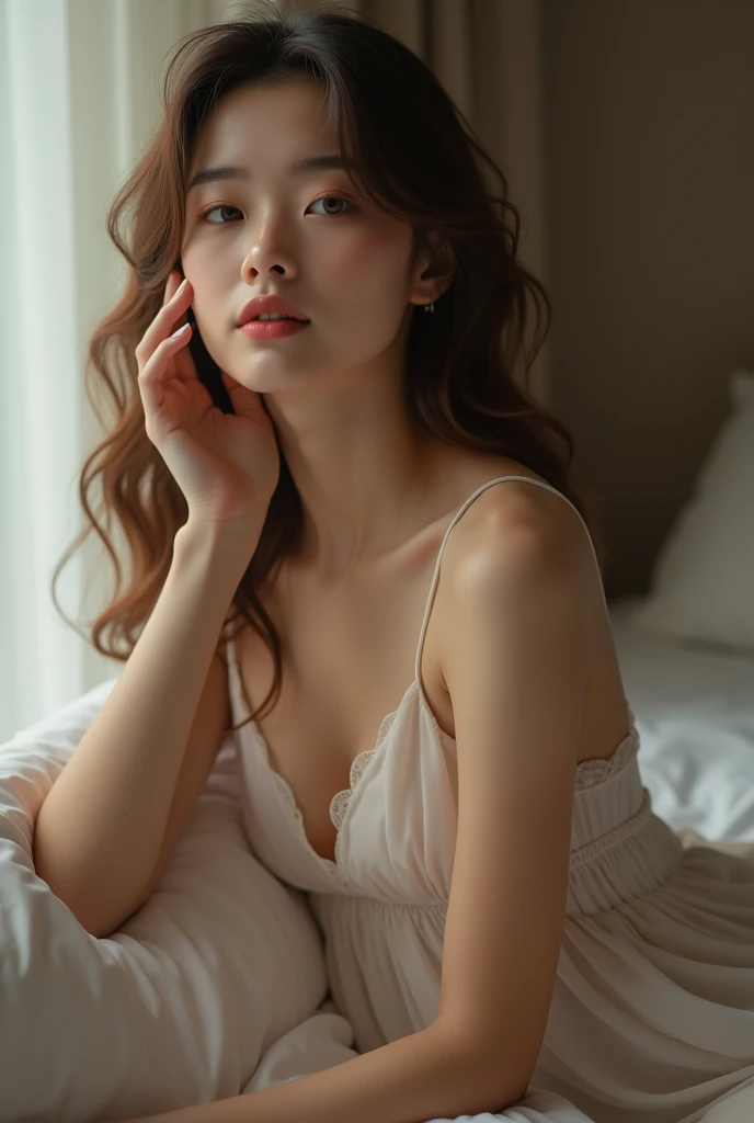 A naked woman sitting on a sofa in the living room、The woman is a 2 Japanese woman.、Fashion model body type、 "luna" She is holding a rather large pillow with the words, Smiling sweetly at the viewer, Full Body Shot, Cinema Lighting、Brown Hair