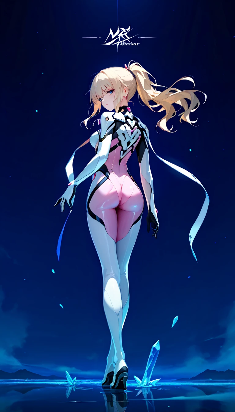 1girl, white lingerie, long blonde hair, short and thin body type, pin-up pose, slutty, character design, fullbody, tease, cute girl, pastel white and pink color scheme, sexy legs, stockings, blacklight lighting, florescent lighting