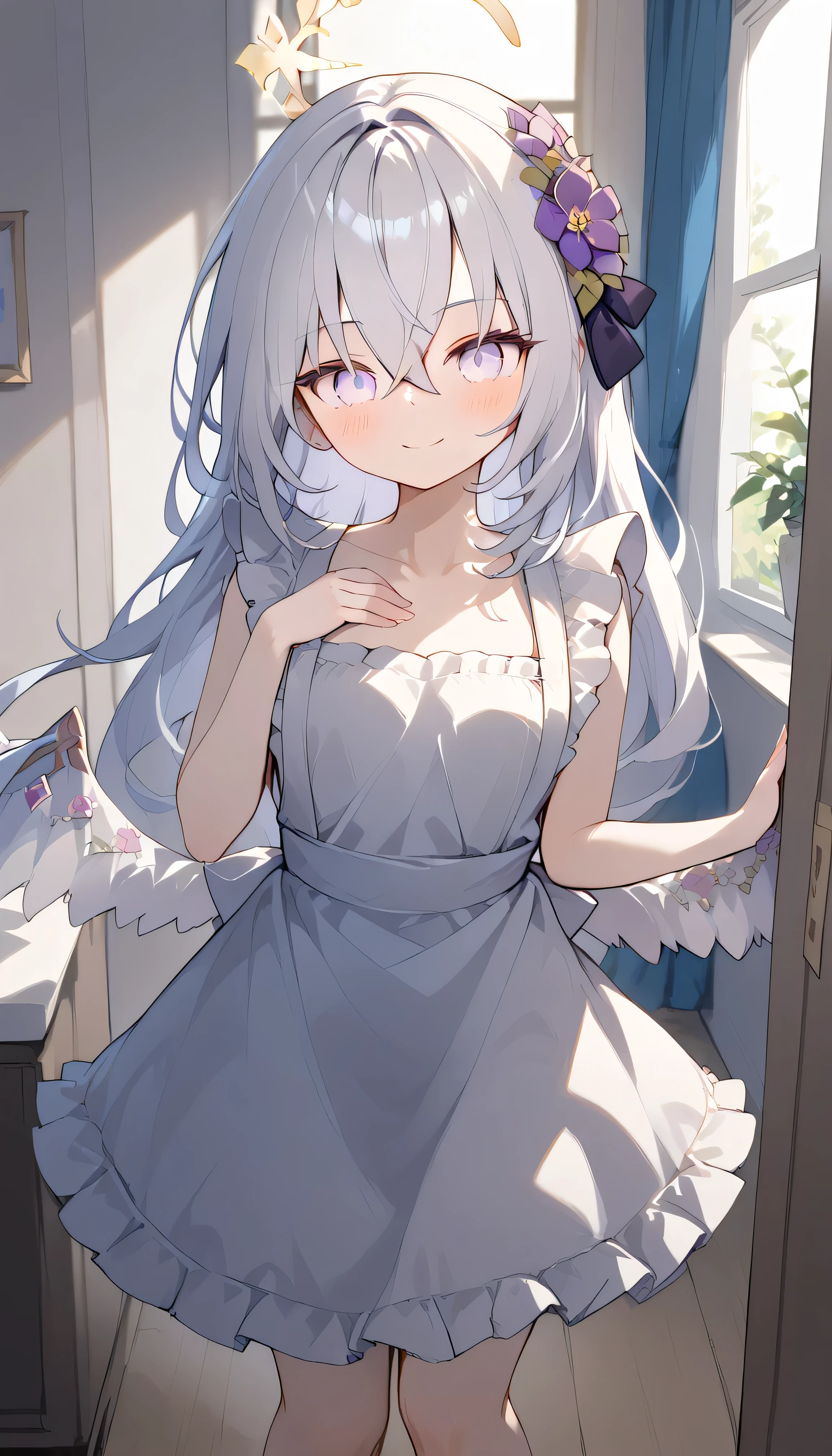 Azusa (blue archive),purple eyes,white hair,long hair,Wings,hair flower,halo, Alone, showing eyebrows from inside the hair , hair between their eyes, viewers, masterpiece, highest quality, naked white apron,frills, indoors entrance corridor is embarrassing blush naked apron smile Zettai ryouiki