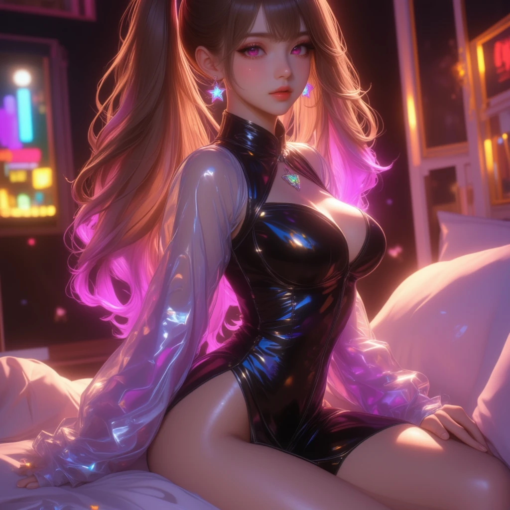 Hyper realistic, Sophie Lowe, thick thighs, big ass, passionate, sitting with her legs open on the bed in her bedroom, while a few flashes of neon lights illuminate the room, beautiful, hot and sensual, the most beautiful woman in the world.