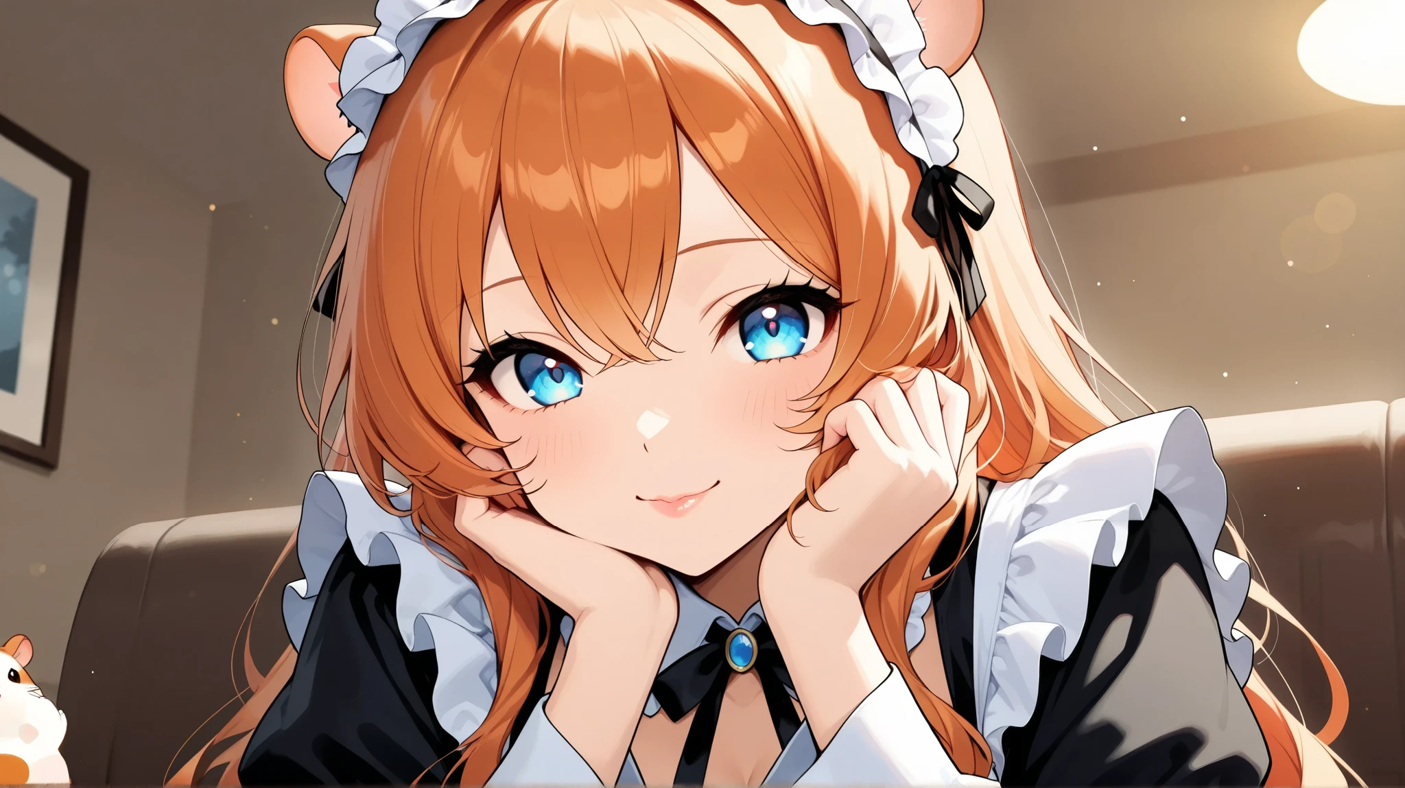 hamster girl, cute expression, stuff one's cheeks, looks delicious, Tofu:1.4, beautiful eyes, beautiful lips, very detailed目と顔, long lashes, ( gothic maid clothes, frill), precise description, anime style, Professional, Vivid Color, Bokeh, natural light, indoors, living room,Warm Up Tones, (Highest quality:1.2, very detailed, CG illustration, Soft Focus, masterpiece:1.2, Aesthetics at its best),