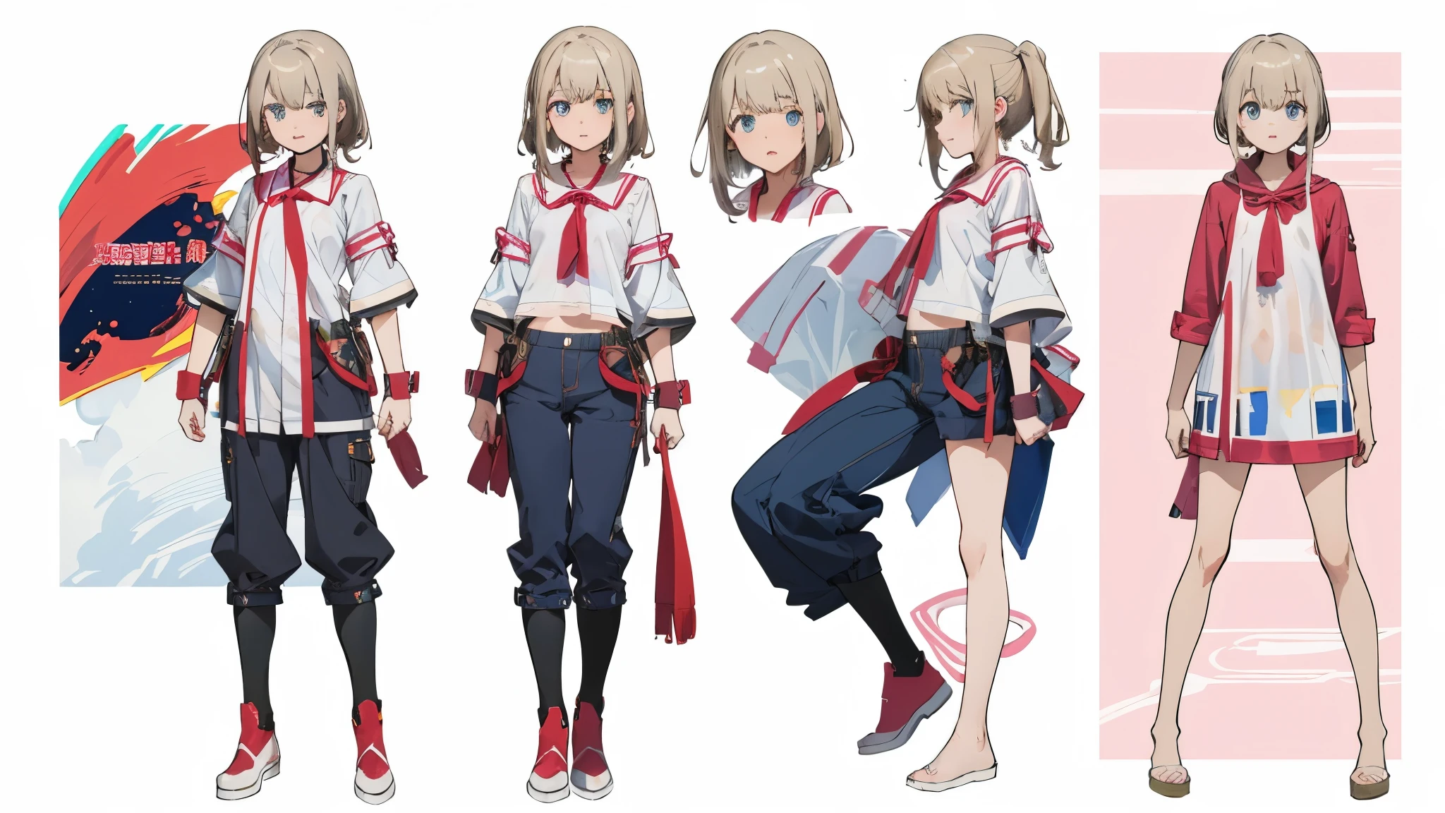 cute anime girl with light blonde hair, light pink eyes, ((loose Lower Short Twintail)), smiling at the viewer, warm smile, (((pale skin))), (teddy bear pajamas), (sleepers), pastel colors theme, small young girl, anime character reference sheet, female anime character, anime character design, ((full body, several positions, front, side, back view)), anime full body illustration, ( ( character concept art ) ), full body concept art, (((white background)))