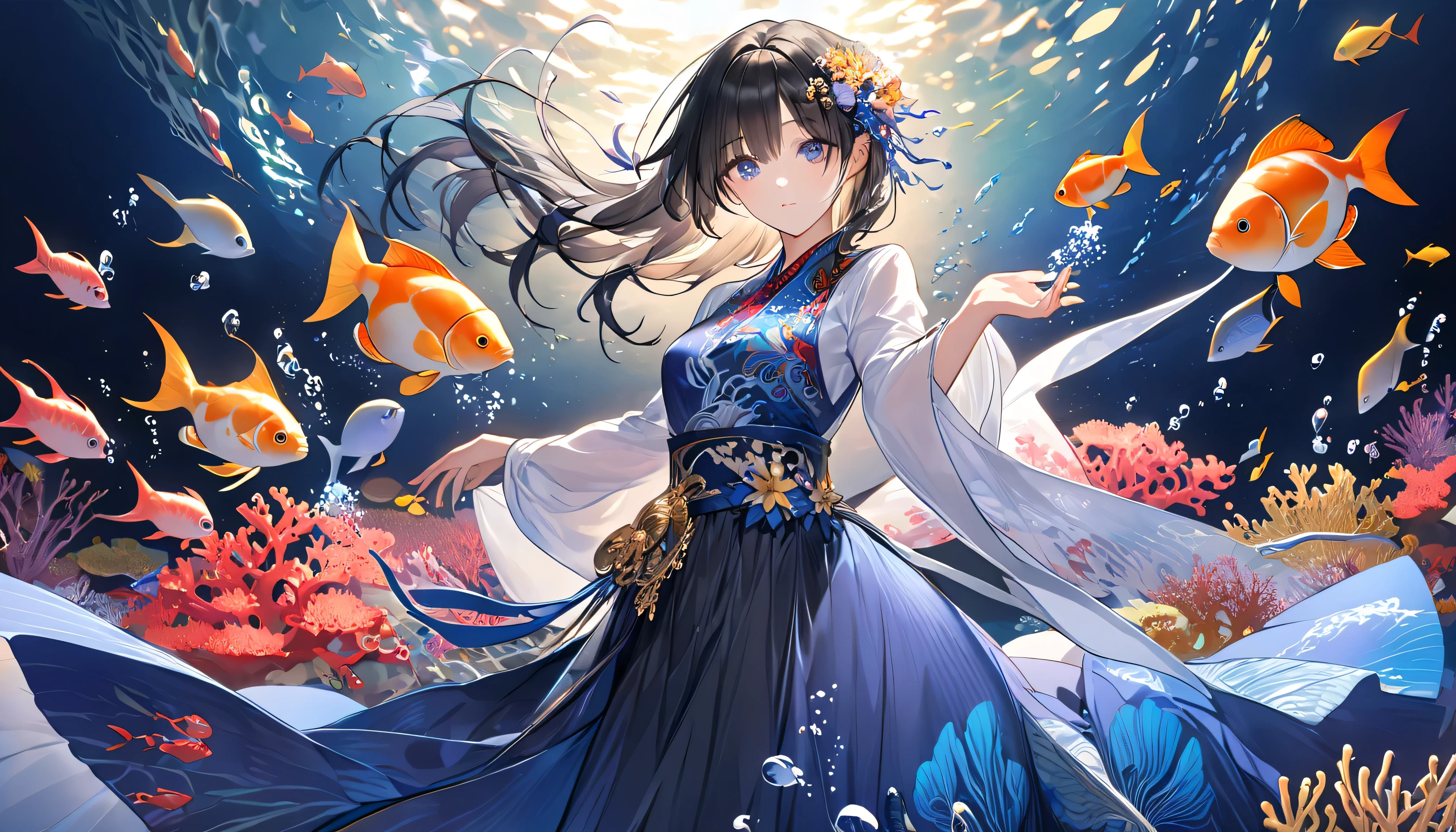 ((Make the background bigger:1.3)),((upper body:1.1)),(Above the waist), (1 girl), (standing) (black hair:1.2), Background、A soft beam of light filtering in from the surface of the water envelops the entire scene in a mysterious glow in the underwater world、Corals and ocean flowers々、 richly depicts marine life that shines faintly 。 overall、 Mystery、beauty、 A scene with an overwhelming sense of nobility , full body、The breathtaking Korean idol, the beautiful goddess of the wind 、 She is wearing a costume with a delicately decorated fish motif 。 Wearing an elegant, flowing indigo dress that shines in rainbow colors 、 has fine scale patterns and marine designs that highlight her connection to the sacred ocean 。Her expression is mysterious 、 has a gaze that captivates the viewer 、 holds a beautifully decorated, magnificent spear in one hand 。 with long, jet black hair drifts gracefully underwater 、 sways fascinatingly as if she were dancing a celestial dance 。
