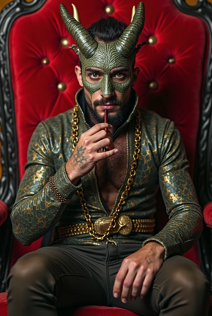 Um Homem magro e mau com um sorriso macabro, vestido com um smoking vermelho brilhantem, Half serpent body looking forward holding a hypnosis watch in hand, His face has reptilian features