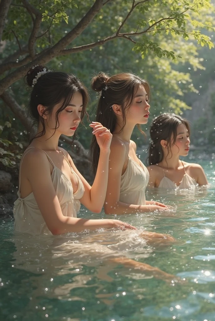 Three women wrapped in towels chatting in a hot spring,Hair tied up,looking at each other smiling,clean face,Drenched hair