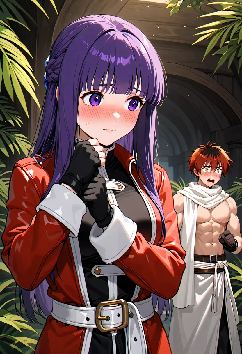 ( fantasy world:1.4), (fern, female 1, purple hair , long hair, Stark Outfit, Black tai chi boxing suit, red jacket , white cloth belt, black gloves with fingertips sticking out, Stark Outfit装をしたfern), embarrassed face, 最high quality, Ultra High Resolution, masterpiece, accurate anatomy, very detailed, high quality, 最high quality, 8k,
