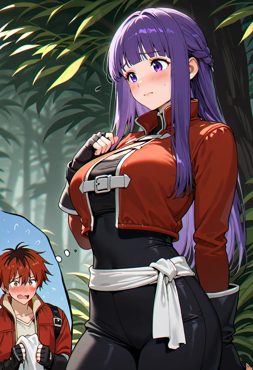 ( fantasy world:1.4), (fern, female 1, purple hair , long hair, Stark Outfit, Black tai chi boxing suit, red jacket , white cloth belt, black gloves with fingertips sticking out, Stark Outfit装をしたfern), embarrassed face, 最high quality, Ultra High Resolution, masterpiece, accurate anatomy, very detailed, high quality, 最high quality, 8k,