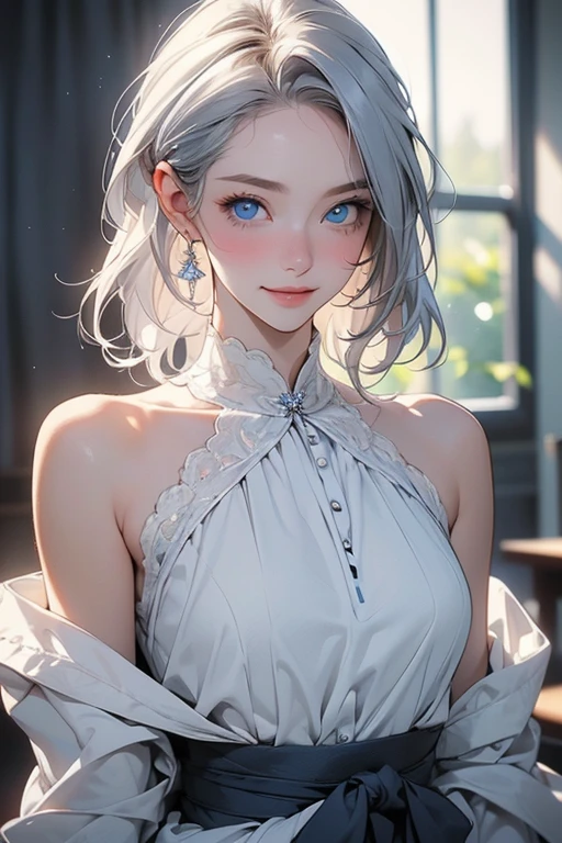 ( masterpiece: 1.2, top quality ), ( real pictures , Delicate Details ), 1. woman, alone, upper body, casual, Silver Hair , minimal makeup , Natural materials, face, 笑face, Home, gray hair that smiles softly up to the waist 、 blue eyes, 、歯を見せて笑face、(( Extends to the shouldersネイビーブルーとシルバーのレースドレス 、Extends to the shoulders ))、(( blue eyes))、Save face image 、(( very delicate and beautiful )).((優しい笑face:1.25)).(( teeth and laugh))