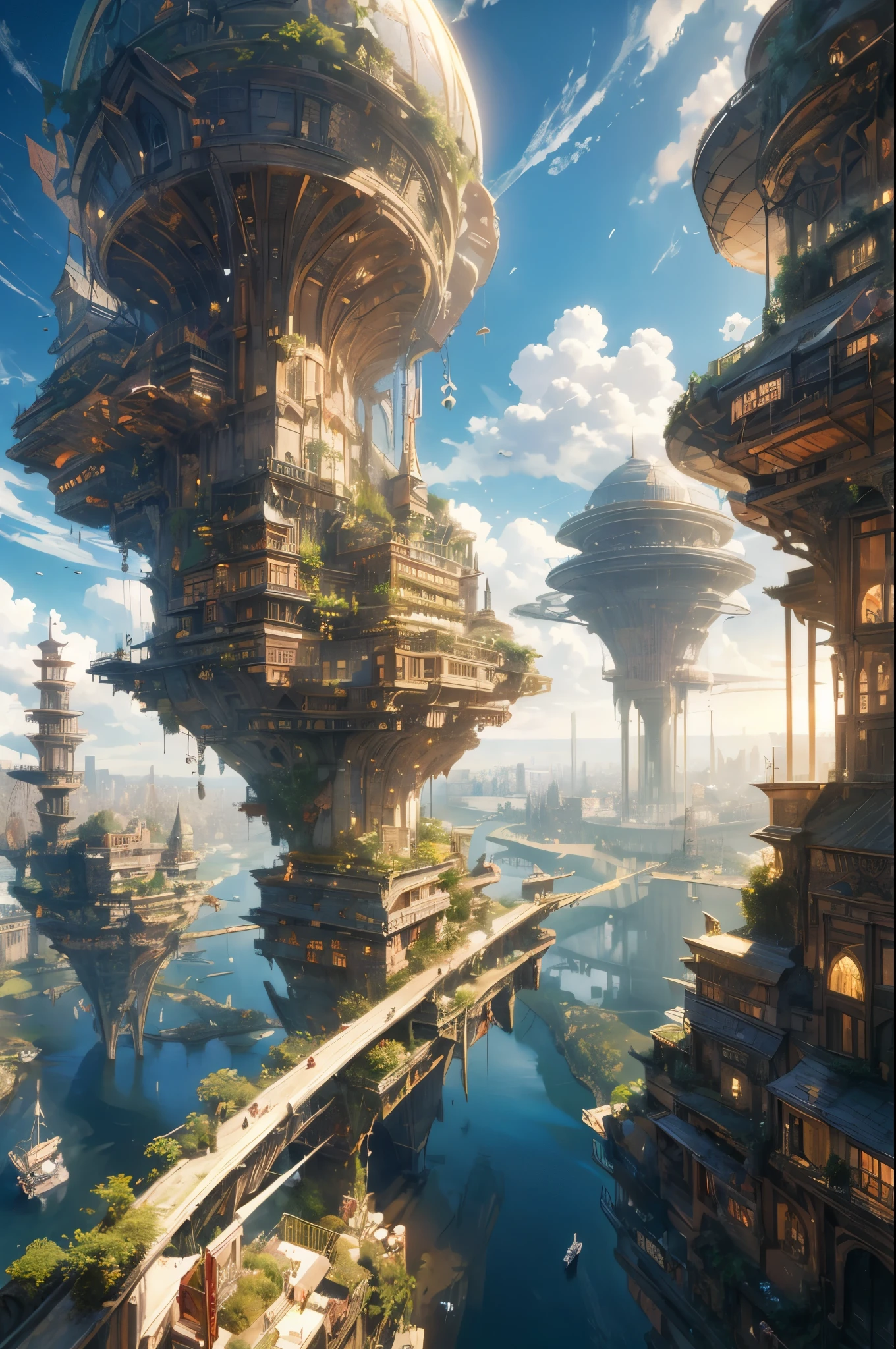 Impressive dramatic art style, Floating City, A dynamic city that continues to rise,