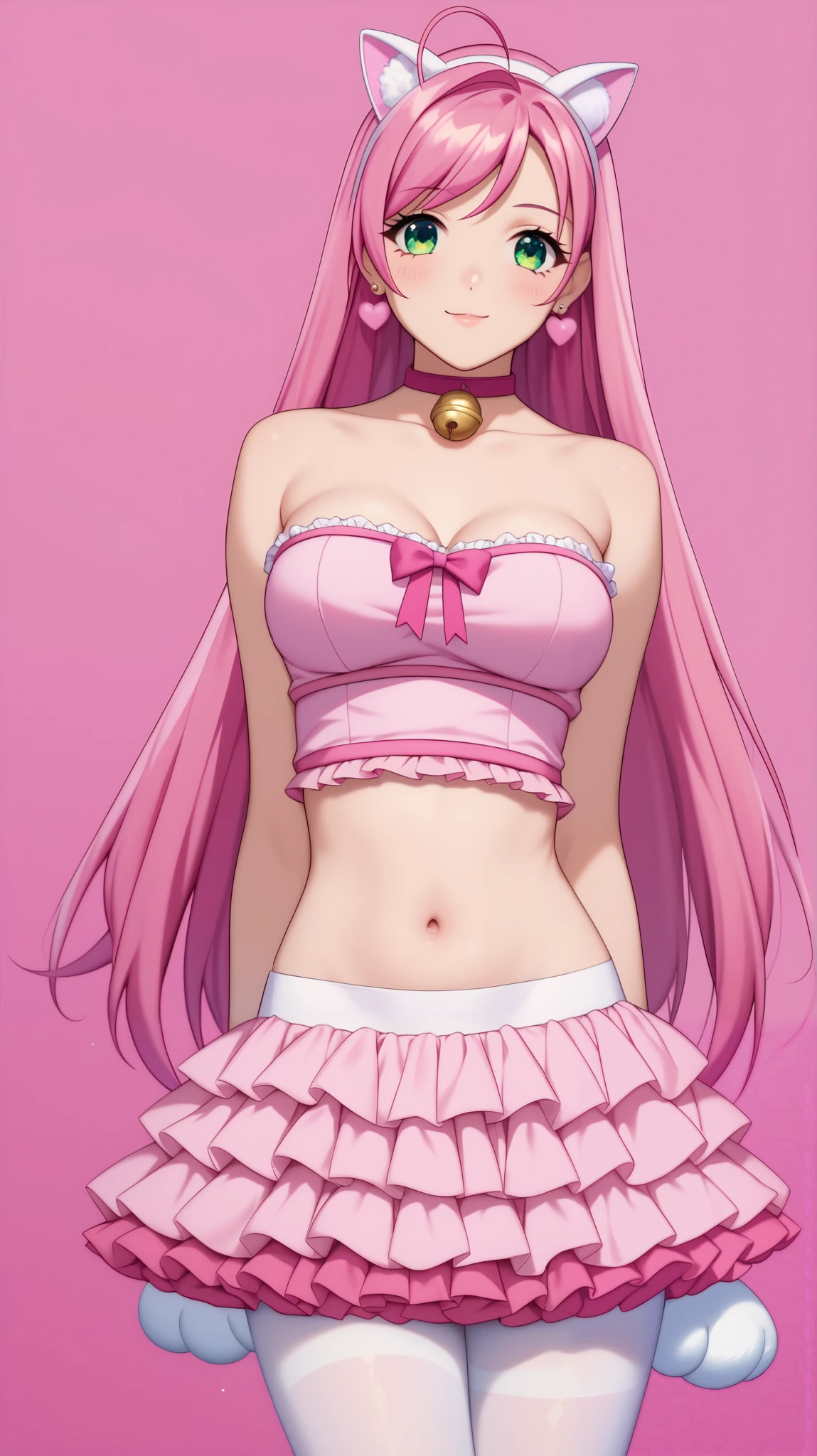 normal moka akashiya, long hair, green eyes, pink hair, ahoge,large breasts,costumes unified in pastel pink, pastel pink fake cat ears on head,pastel pink tweed material, extremely detailed tweed texture and pattern, pastel pink tweed cropped camisole with lace-up on chest, bandeau bikini shaped chest, scalloped lace trim on camisole,strapless design, bare shoulders, stomach, navel, pastel pink tweed ultra-short sleeves with ruffle decoration,matching design pastel pink tweed tiered skirt with scalloped lace trim, (layered skirt-hem), mini skirt, A-line,pink choker with small golden bell, earrings with golden bell, (white mitten gloves shaped like cat paws), white paw gloves,(white pantyhose with pastel pink ribbon decoration), white pantyhose fabric covers the entire leg, cute design pink platform boots,