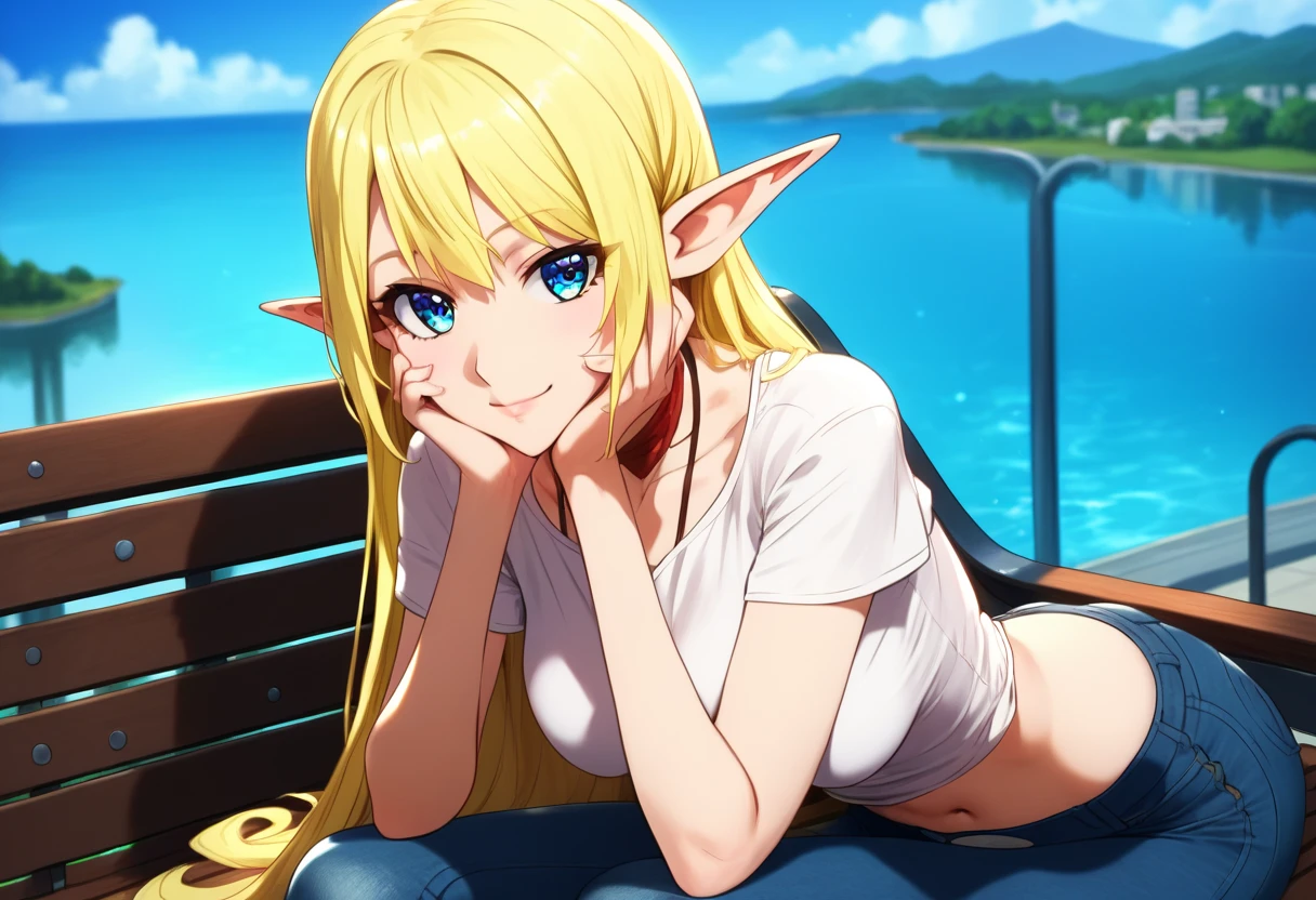 (masterpiece, best quality),female legal age, lithe, european, gray eyes, unusual ears, receding jaw, rectangular face shape, well-proportioned ears, , sandy blonde beehive hairstyle hair, disgust wearing embroidered shorts, deep v-neck top, , lying on stomach, lying on the stomach with a captivating gaze, evoking vulnerability and allure, sunset lighting, the warm, golden glow of a sunset, adding a romantic and enchanting feel to the scene