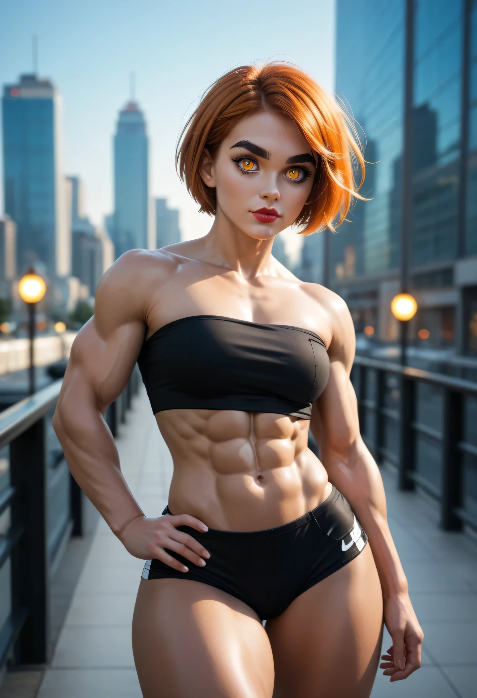 Cute, gorgeous, Caucasian girl, teen, fit, (muscular:1.3), 14, (flexing biceps:1.5), abs, slender, slim, (long flowing red hair:1.5), blue eyes, glamorous, seductive, stunning, flawless, perfect, beautiful, cute, pretty, coy smile, full body, (dressed in short shorts and crop top), masterpiece, 8k, highly detailed, sexy, SLR lighting, SLR camera, ultra-quality, sharpness, depth of field, film grain (center), Fujifilm XT3, crystal clear, frame center, beautiful face, sharp focus, detailed skin pores, (tiny waist:1.3), colorful, hyper-detail, Best Quality 1:1, Ultra Detail: 1.4, Best Shadows, (8k: 1.1), (beautiful detailed face), high contrast, (perfect lighting: 1.2), ((cinematic light)), colorful, hyper-detail, dramatic light, intricate detail, photograph by arny freytag, (flexing bicep pose), sexy, dark background, (dainty:1.3),